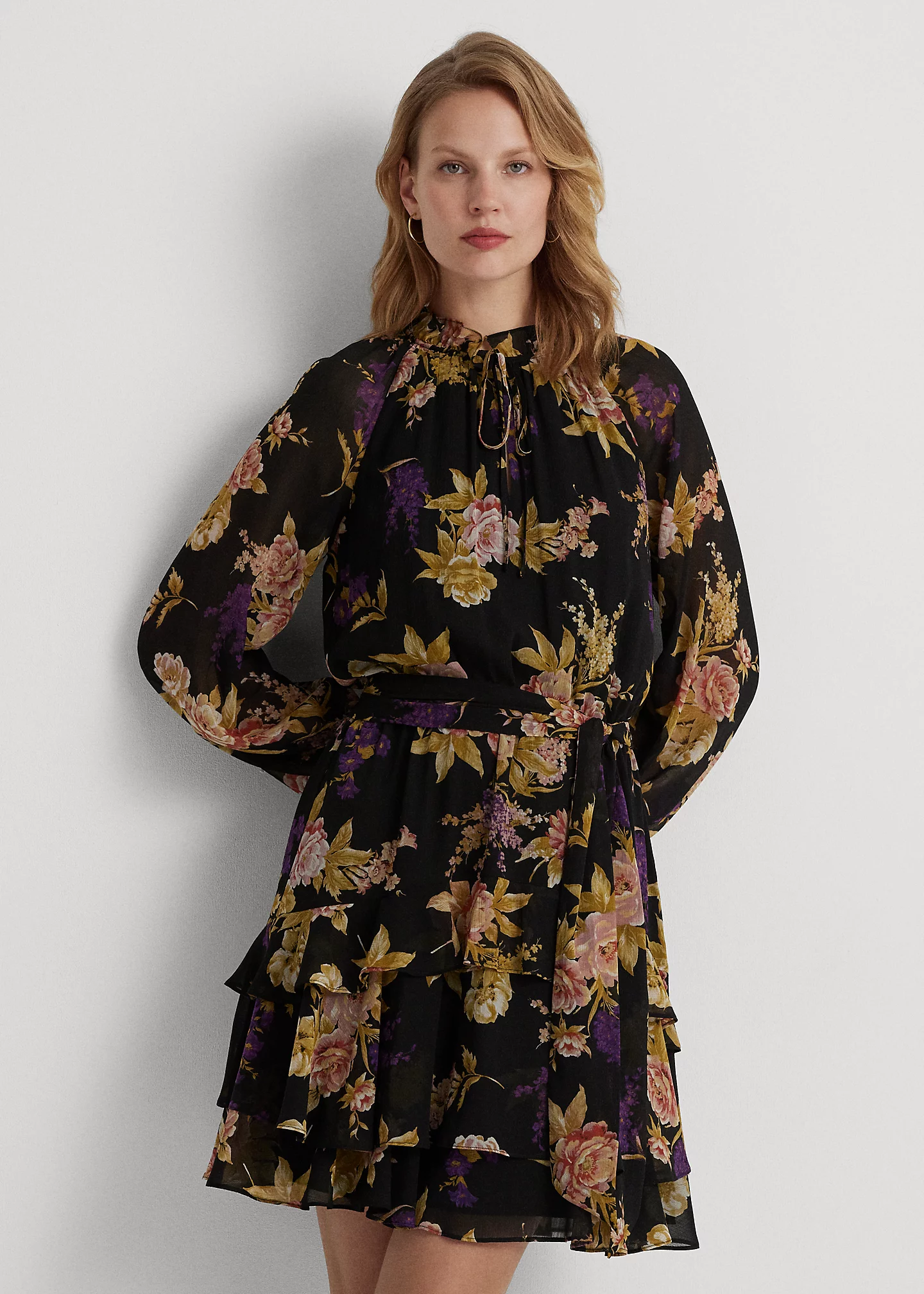 Floral Belted Crinkle Georgette Dress