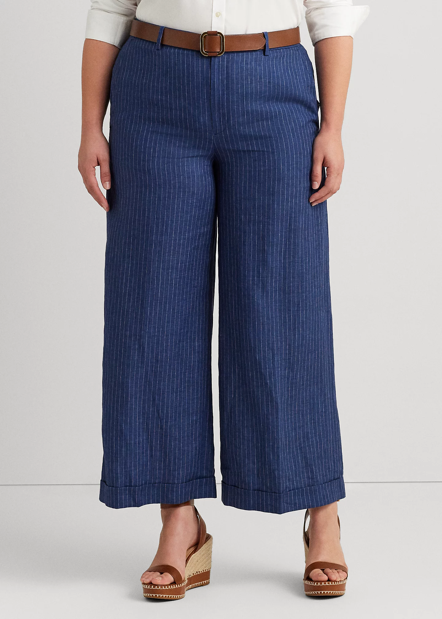 Pinstripe Linen Wide-Leg Cropped Pant