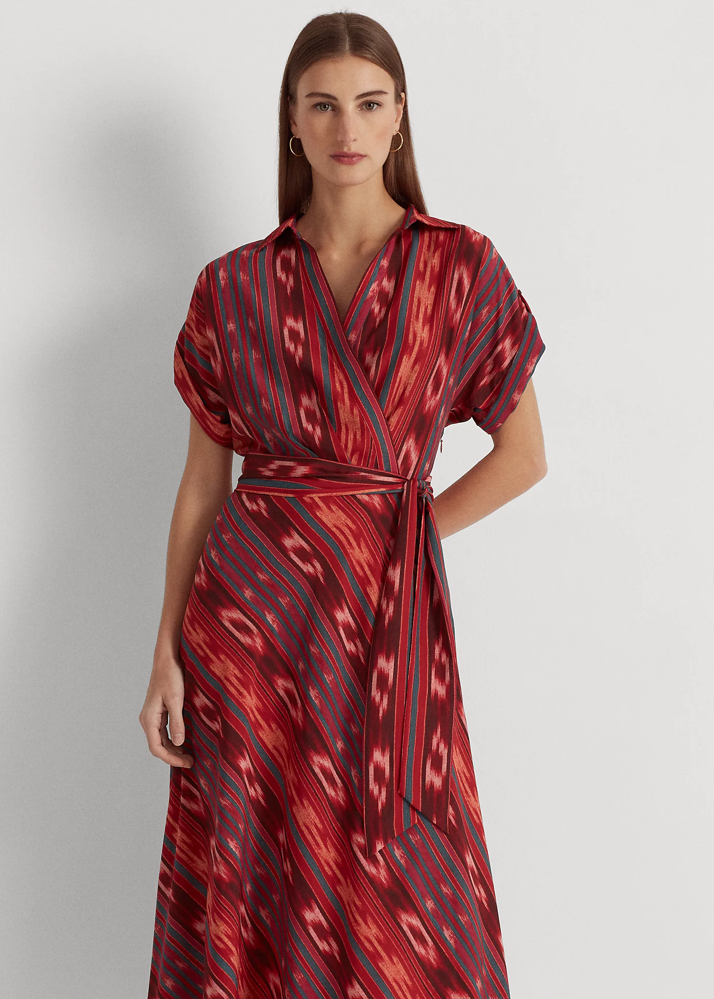 Geo-Stripe Belted Crepe Dress
