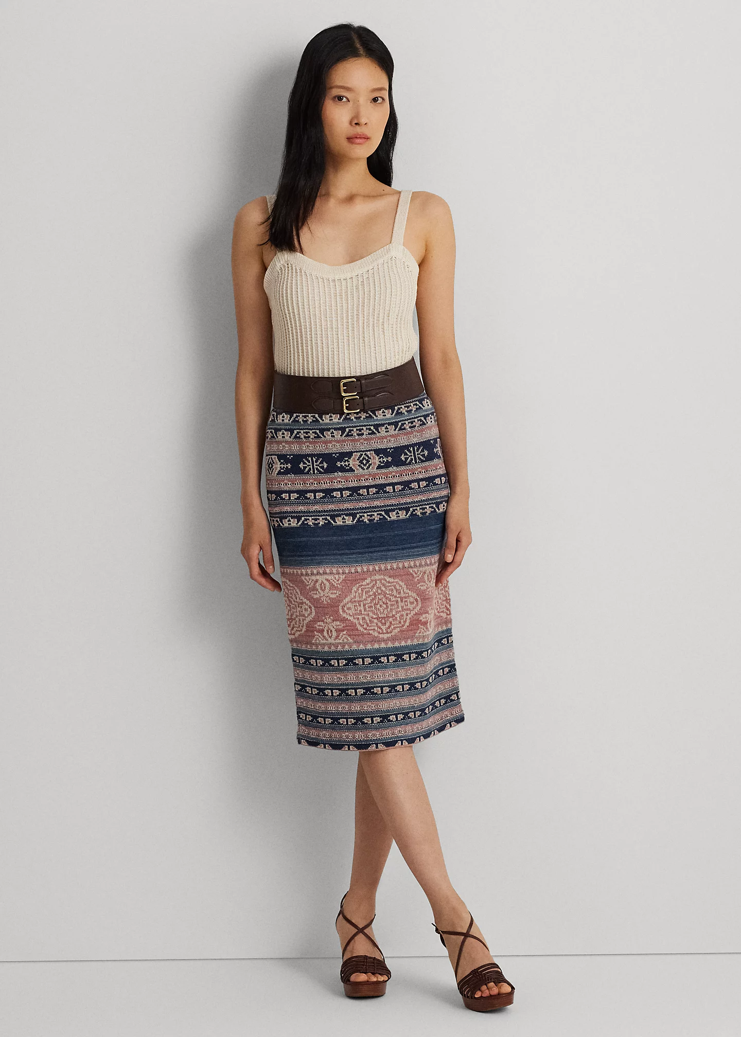 Geo-Motif Linen-Cotton Pencil Skirt