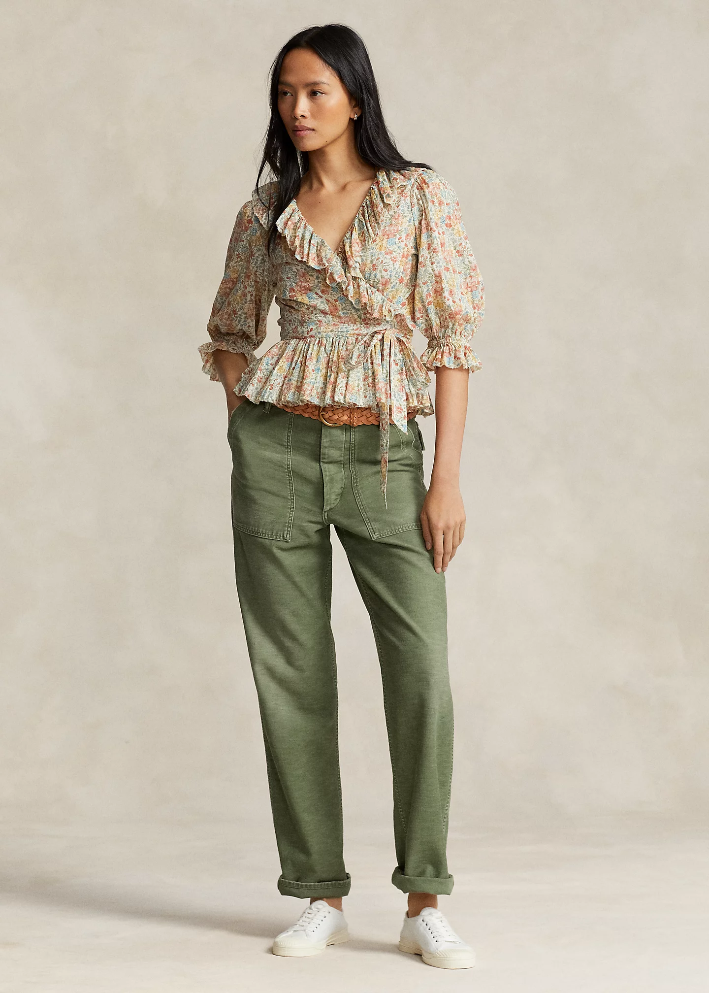 Ruffled Floral Motif Cotton Wrap Top