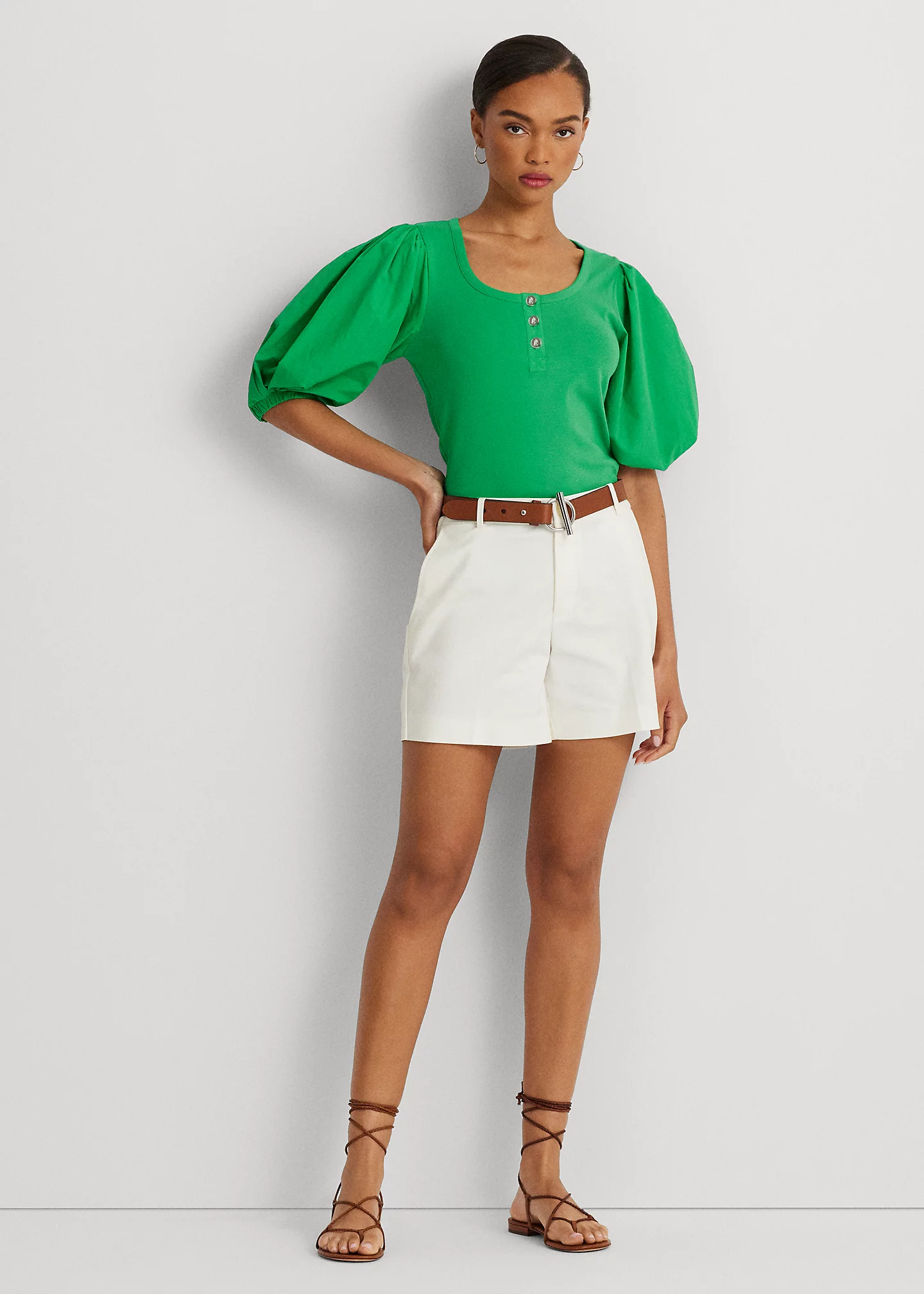 Stretch Cotton Puff-Sleeve Henley Tee
