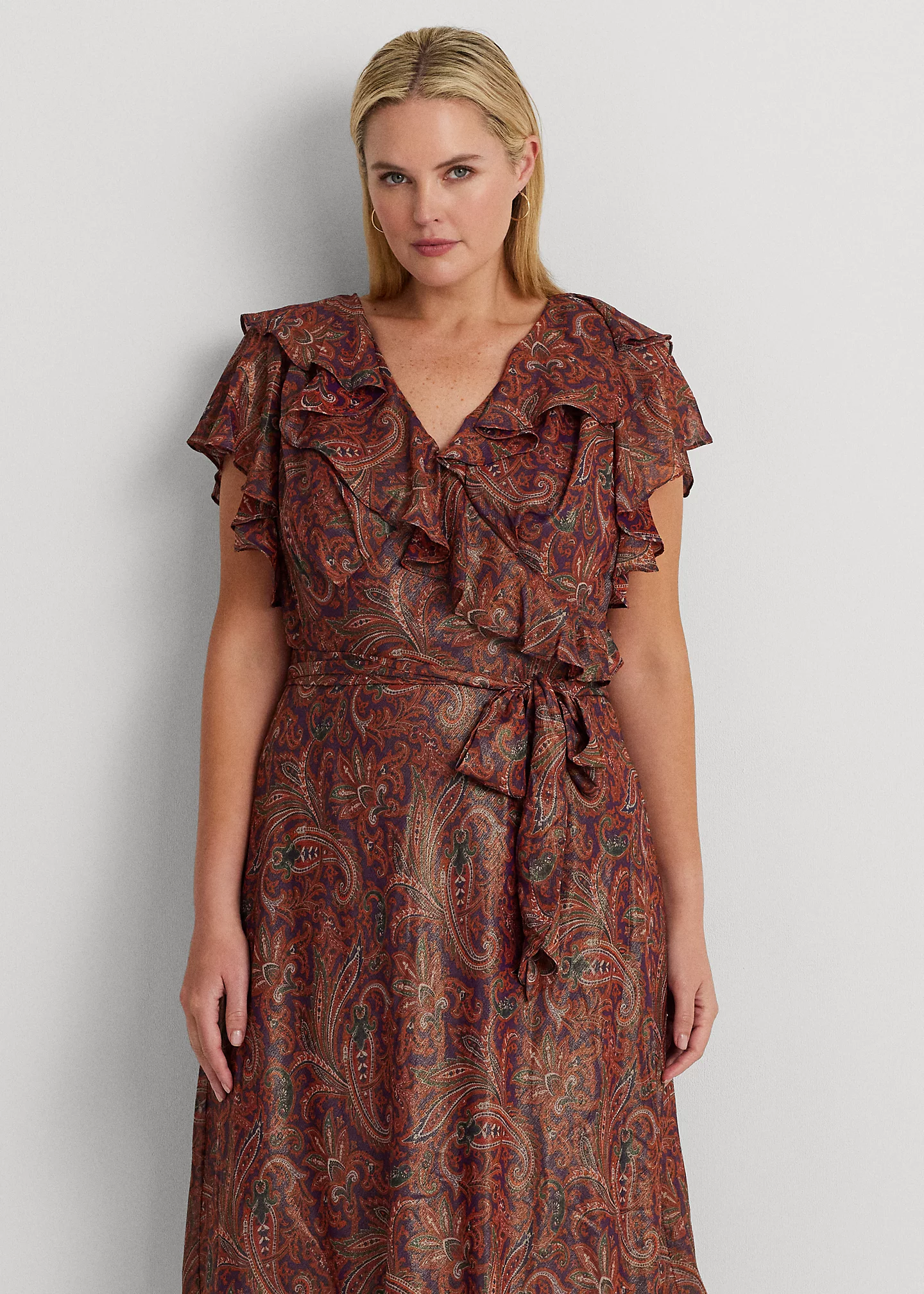 Print Ruffle-Trim Metallic Chiffon Dress