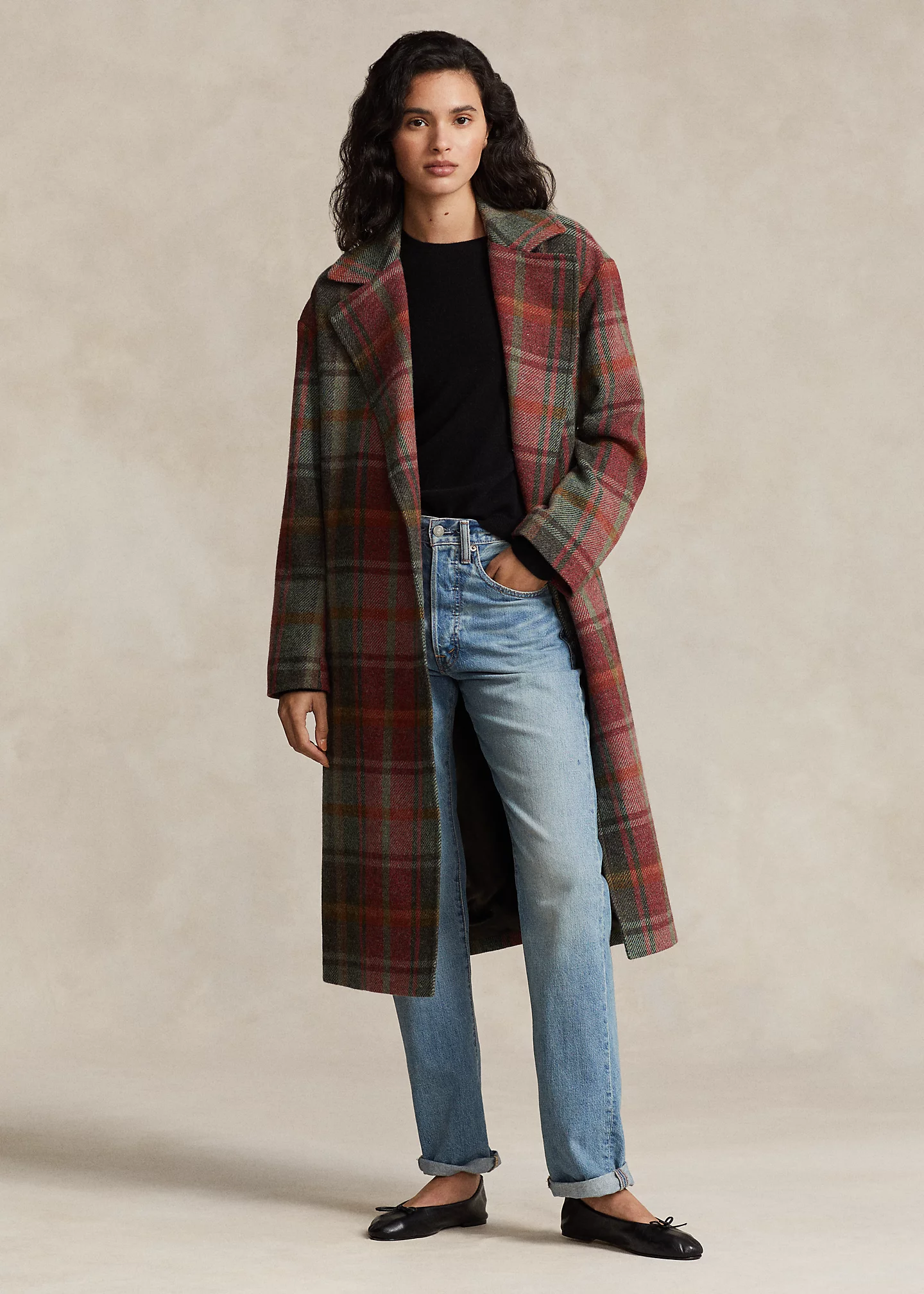Plaid Wool-Blend Twill Wrap Coat