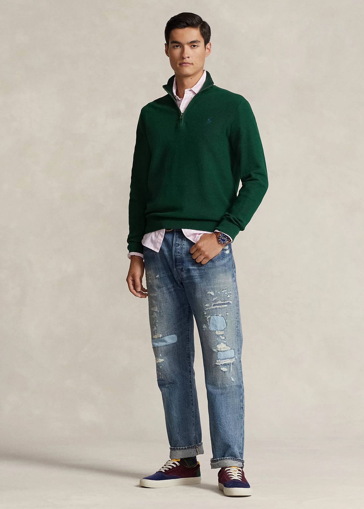 Mesh-Knit Cotton Quarter-Zip Sweater