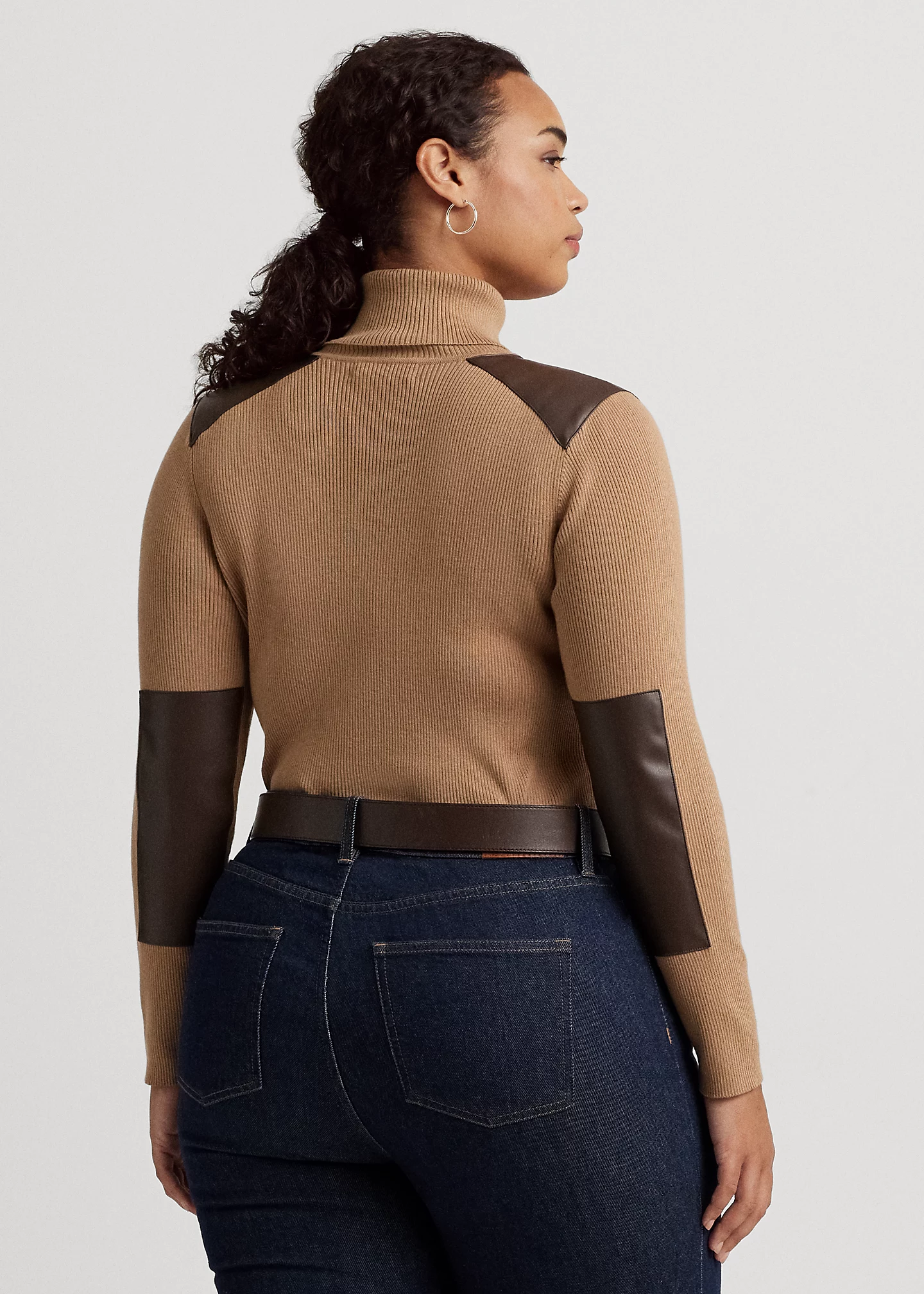 Faux-Leather-Trim Ribbed Turtleneck