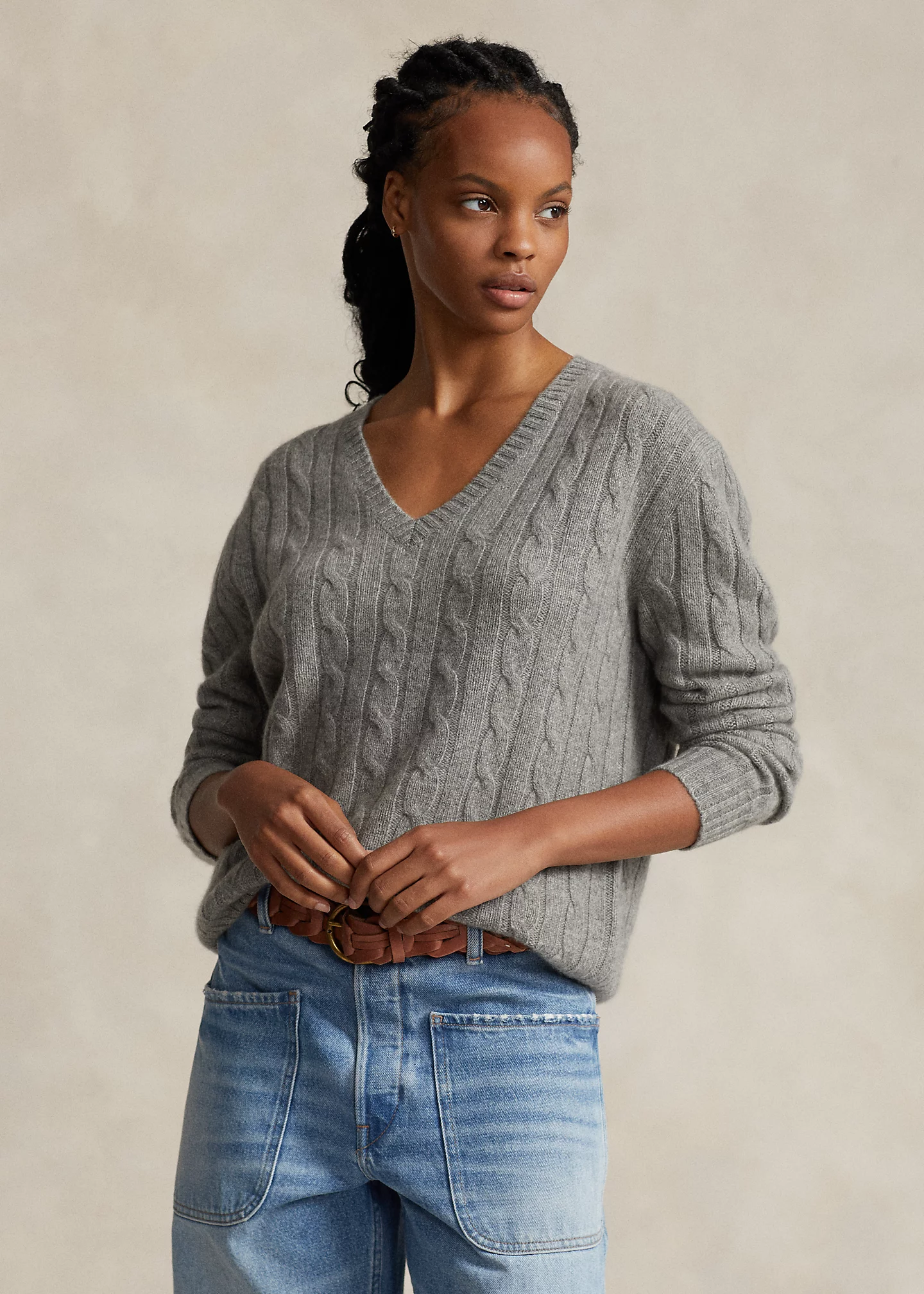 Cable-Knit Cashmere V-Neck Sweater