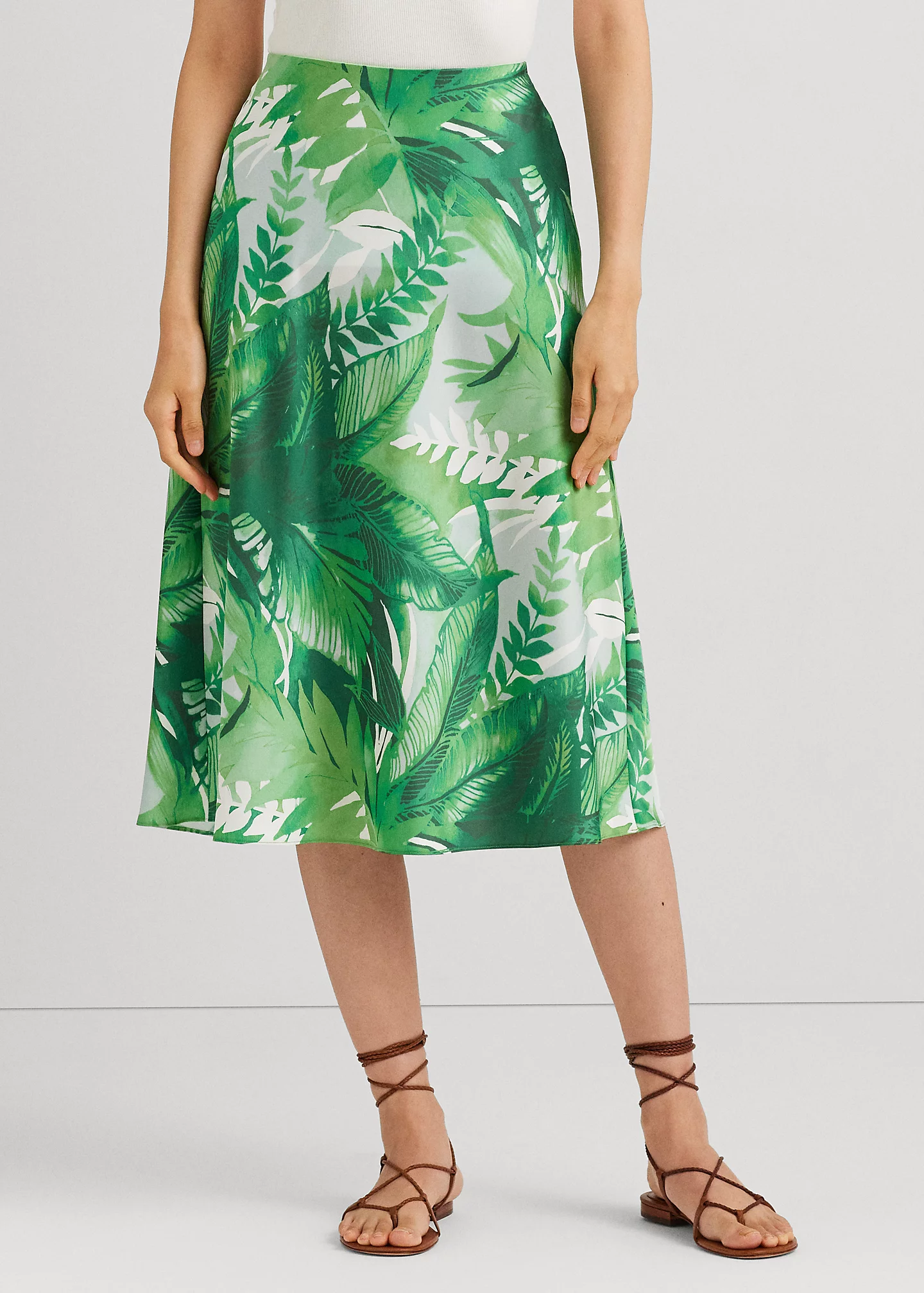 Palm Frond-Print Charmeuse Midi Skirt