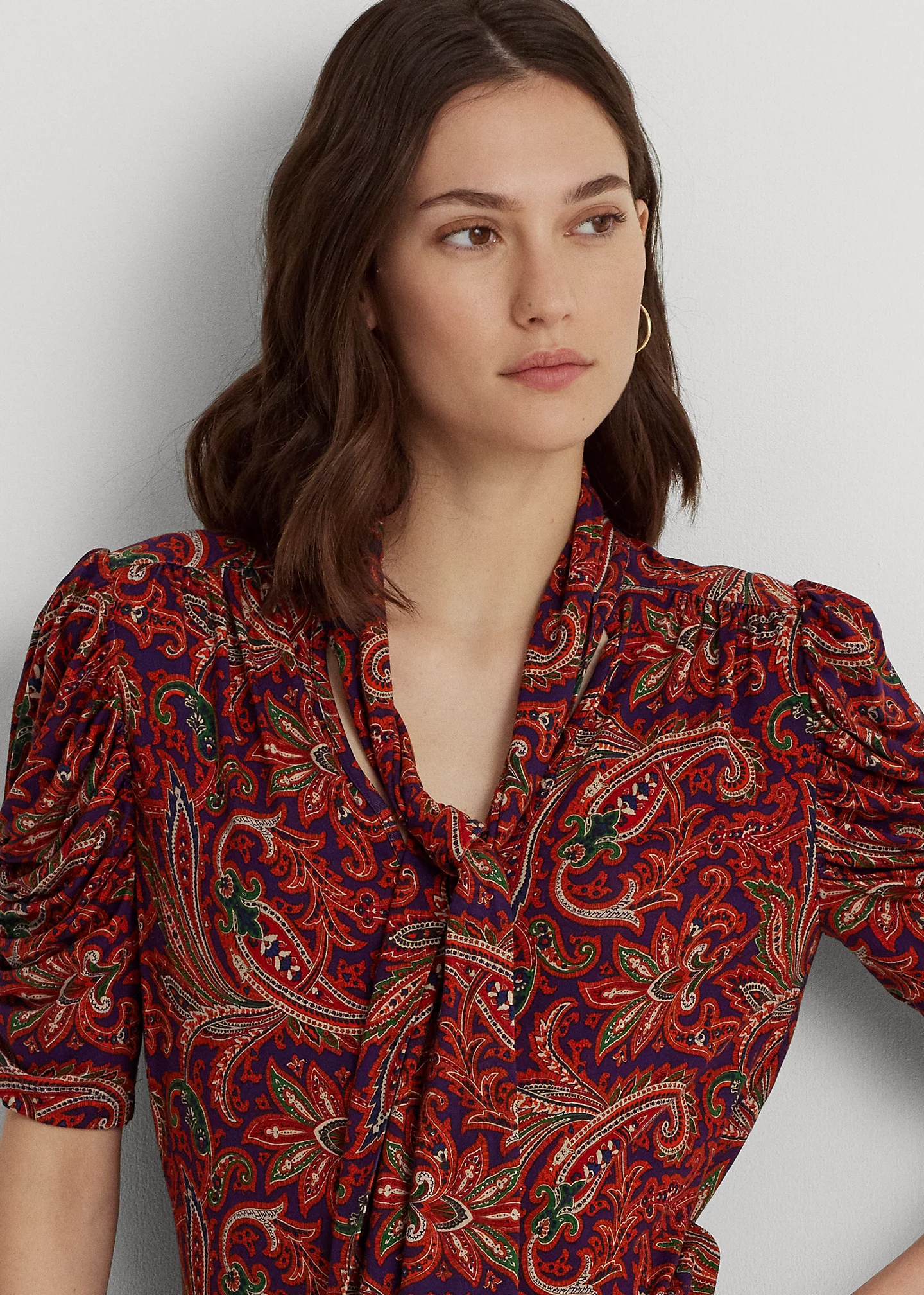 Paisley Jersey Puff-Sleeve Tie-Neck Top