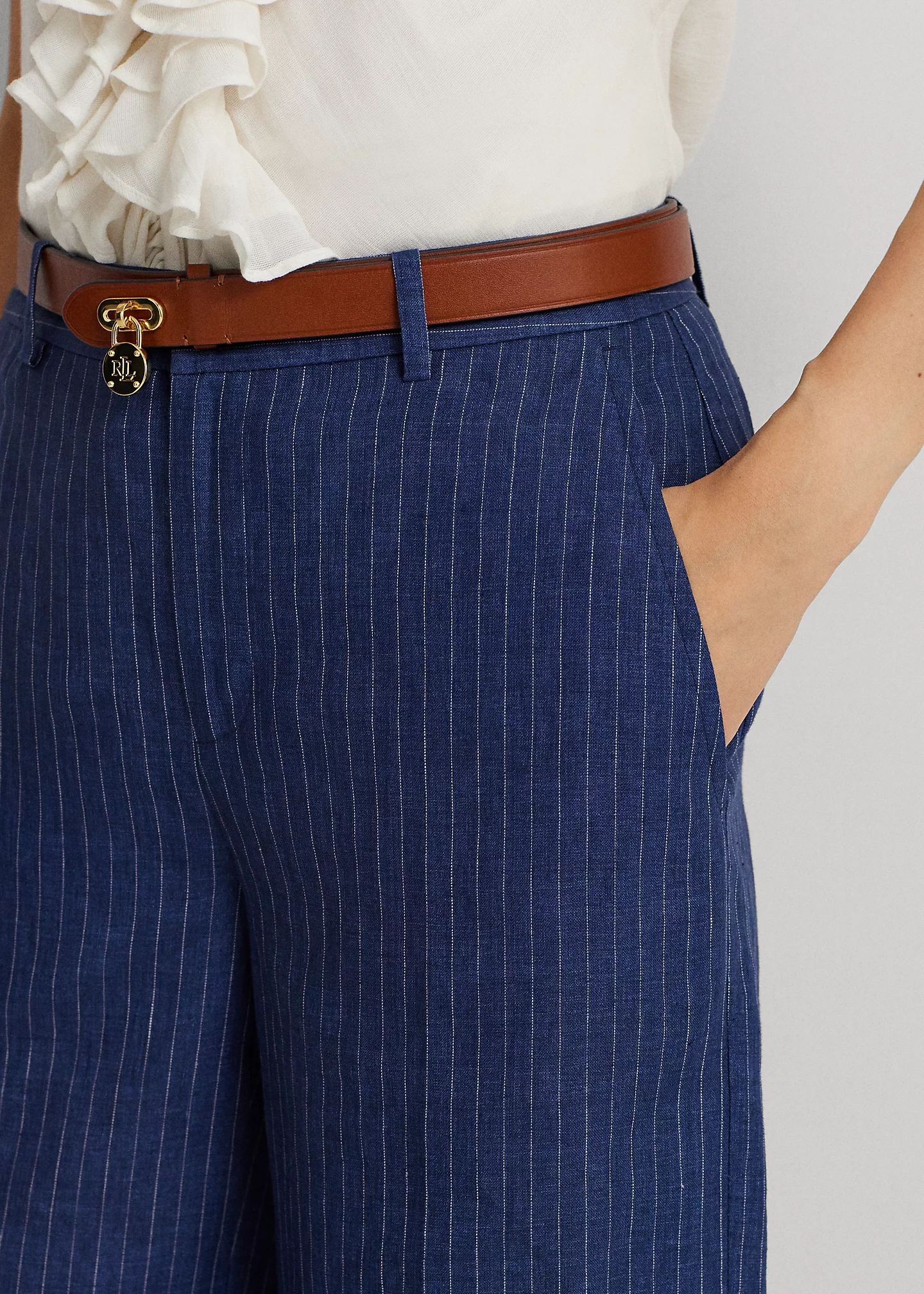 Pinstripe Linen Wide-Leg Cropped Pant