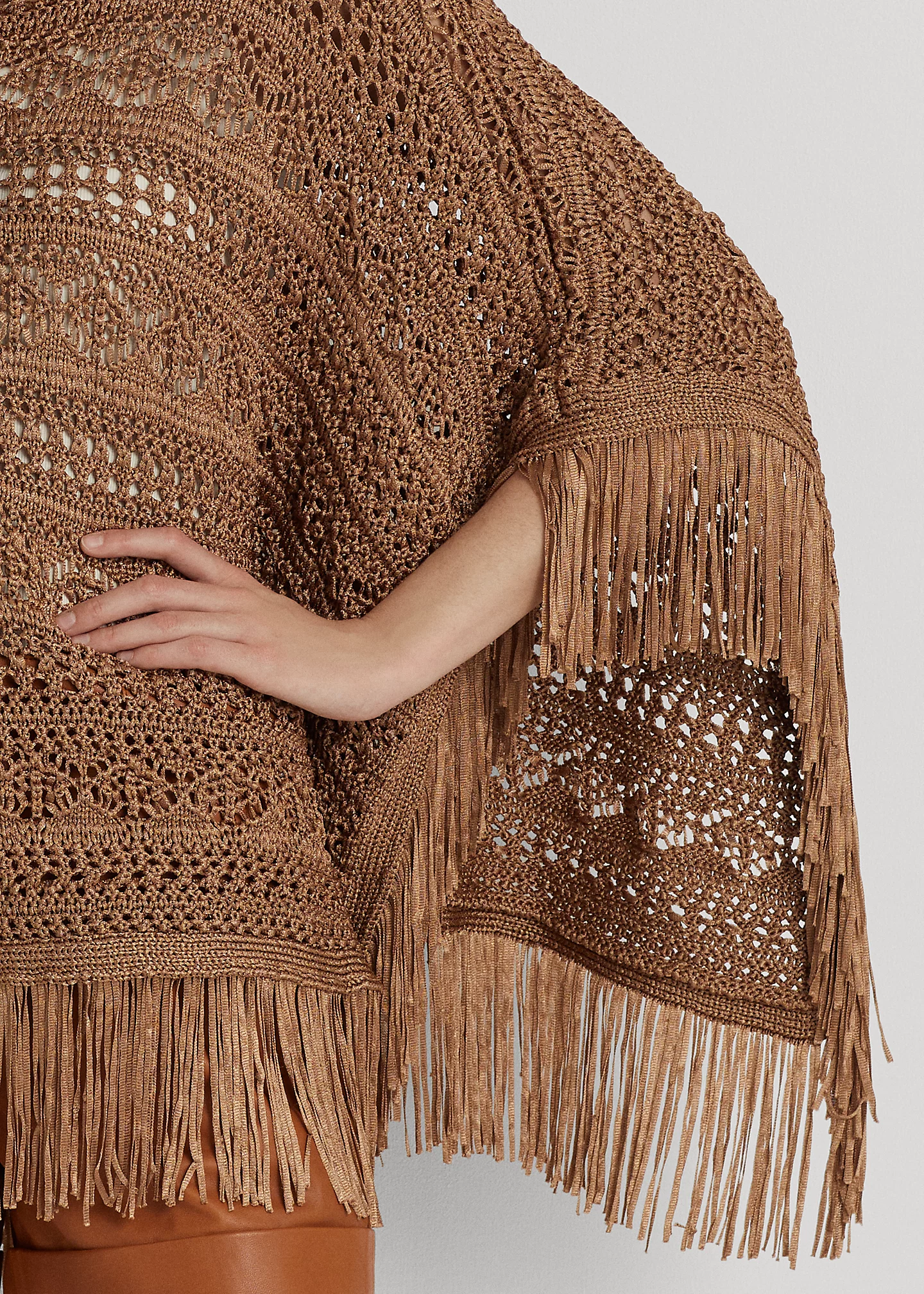 Fringe-Trim Pointelle-Knit Poncho