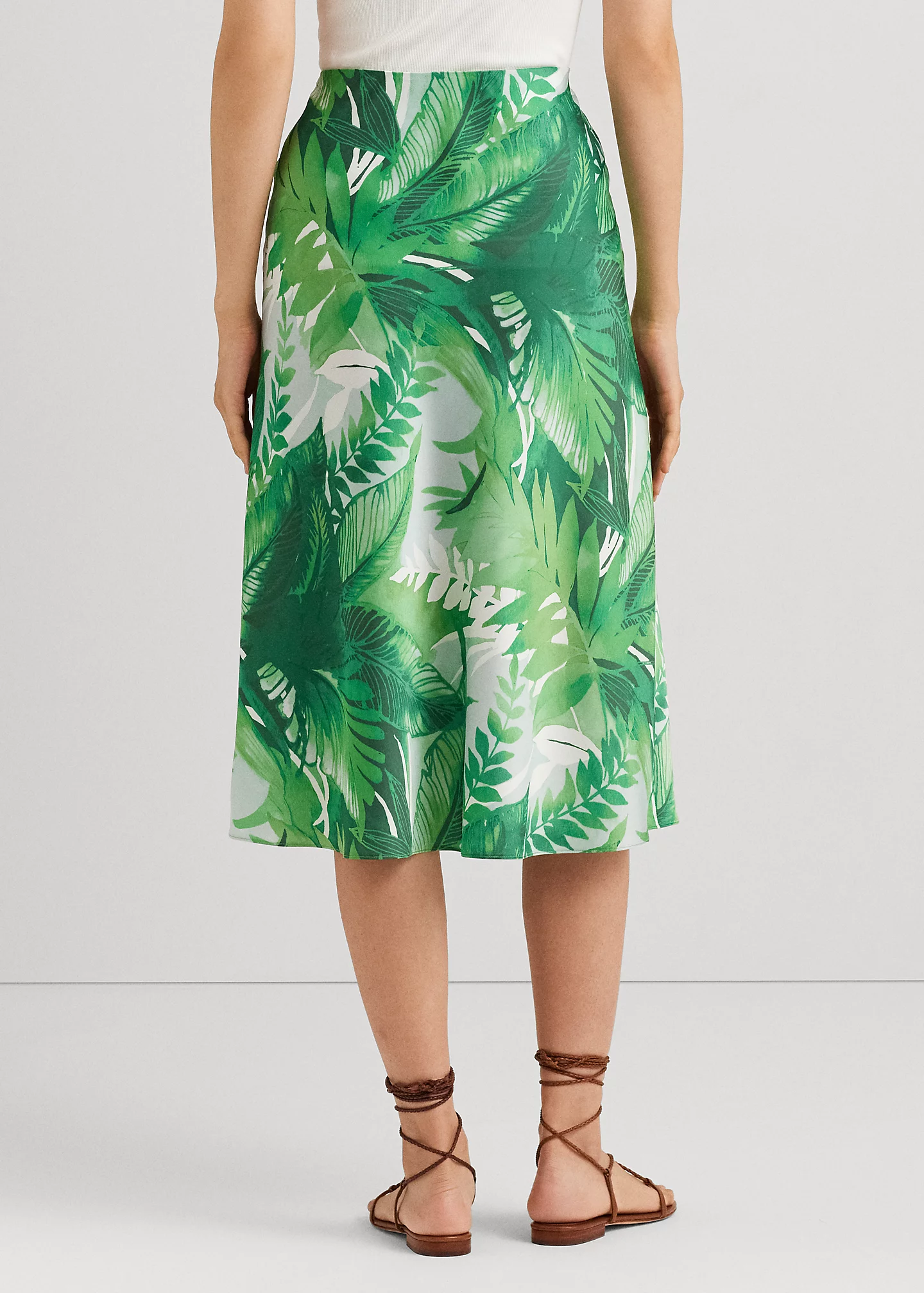 Palm Frond-Print Charmeuse Midi Skirt