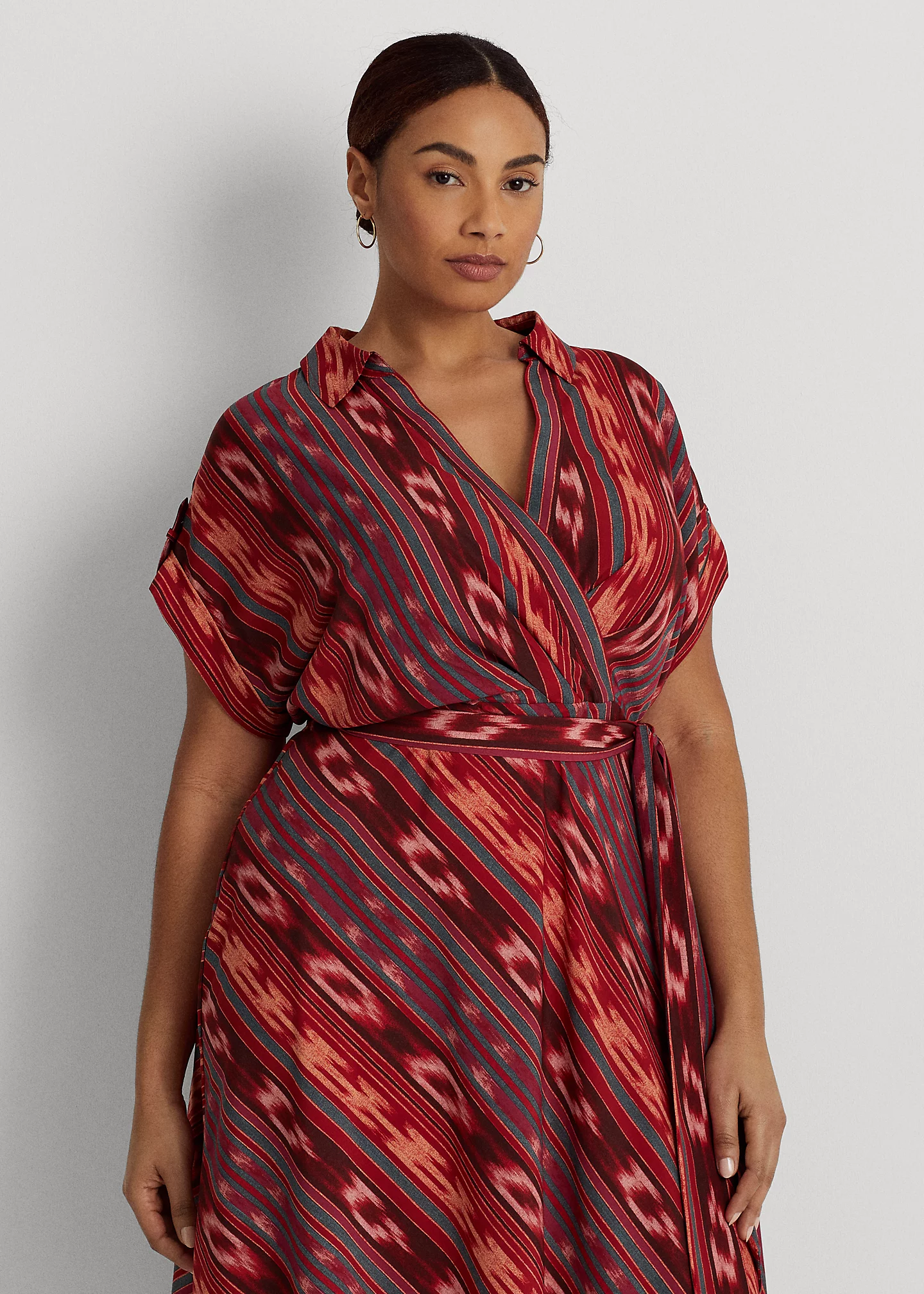 Geo-Striped Belted Crepe Dress