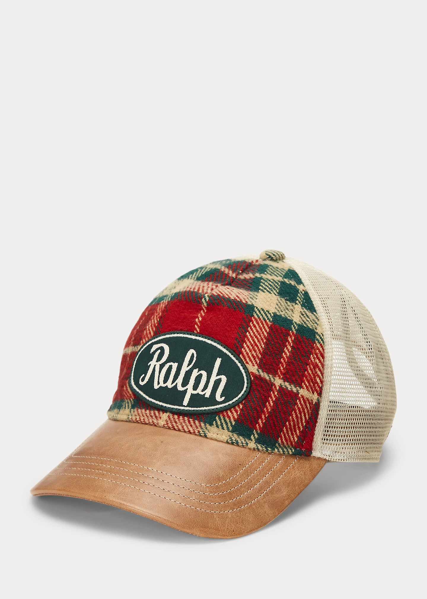 Leather-Bill Plaid Trucker Cap