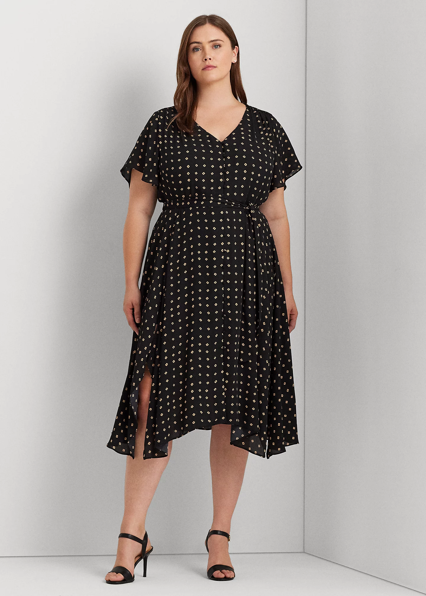 Geo-Print Crepe Flutter-Sleeve Dress