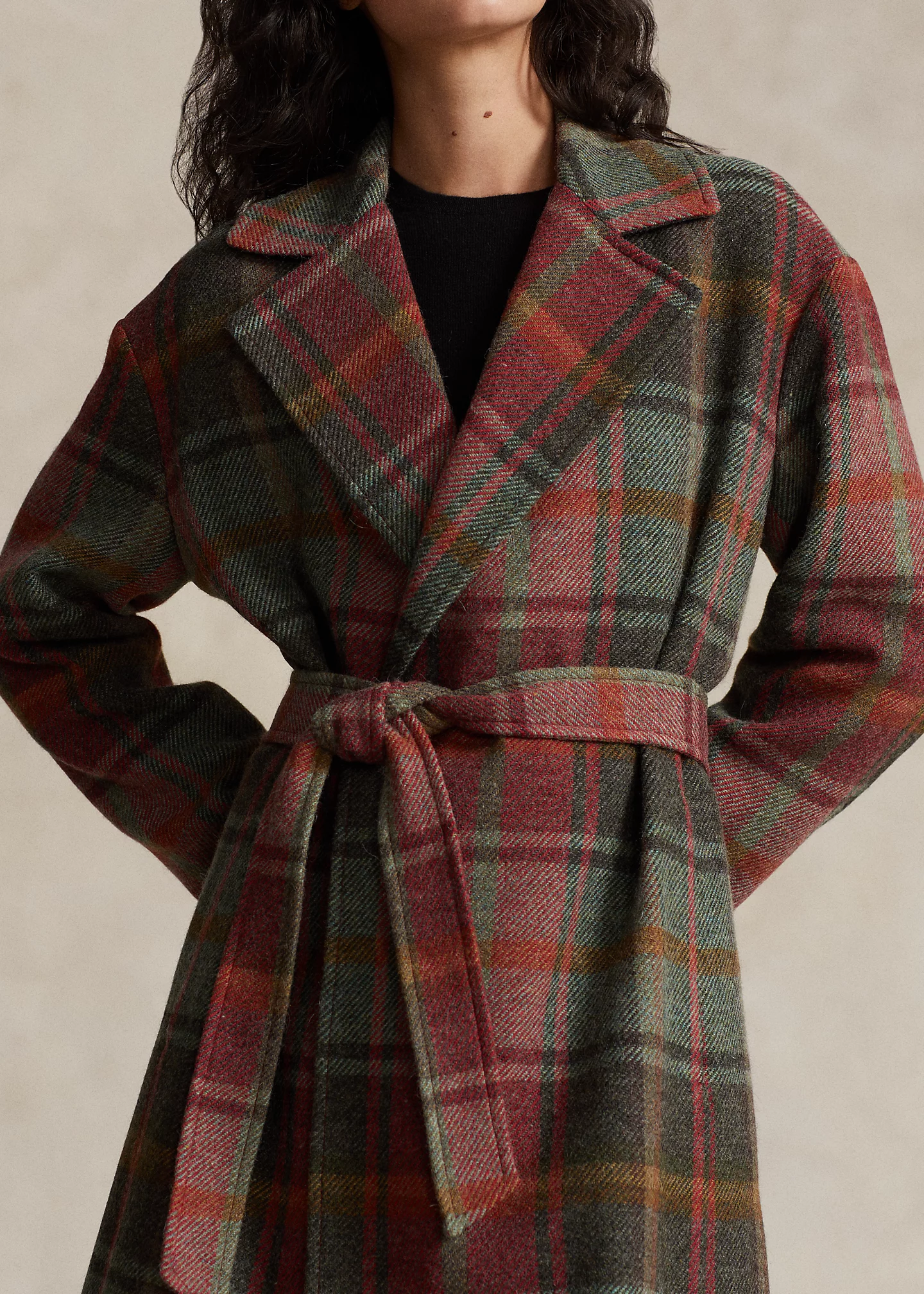 Plaid Wool-Blend Twill Wrap Coat