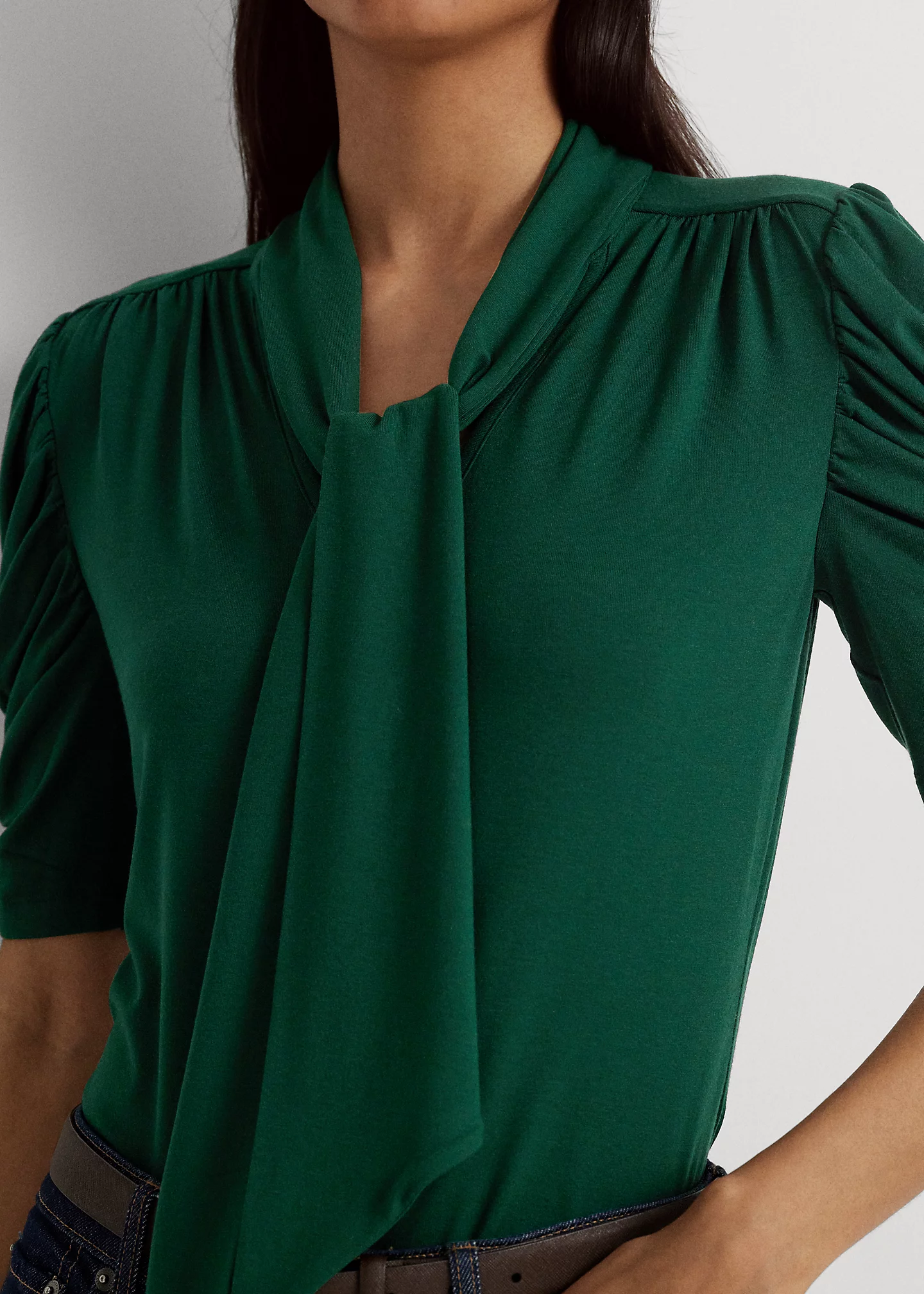 Jersey Puff-Sleeve Tie-Neck Top