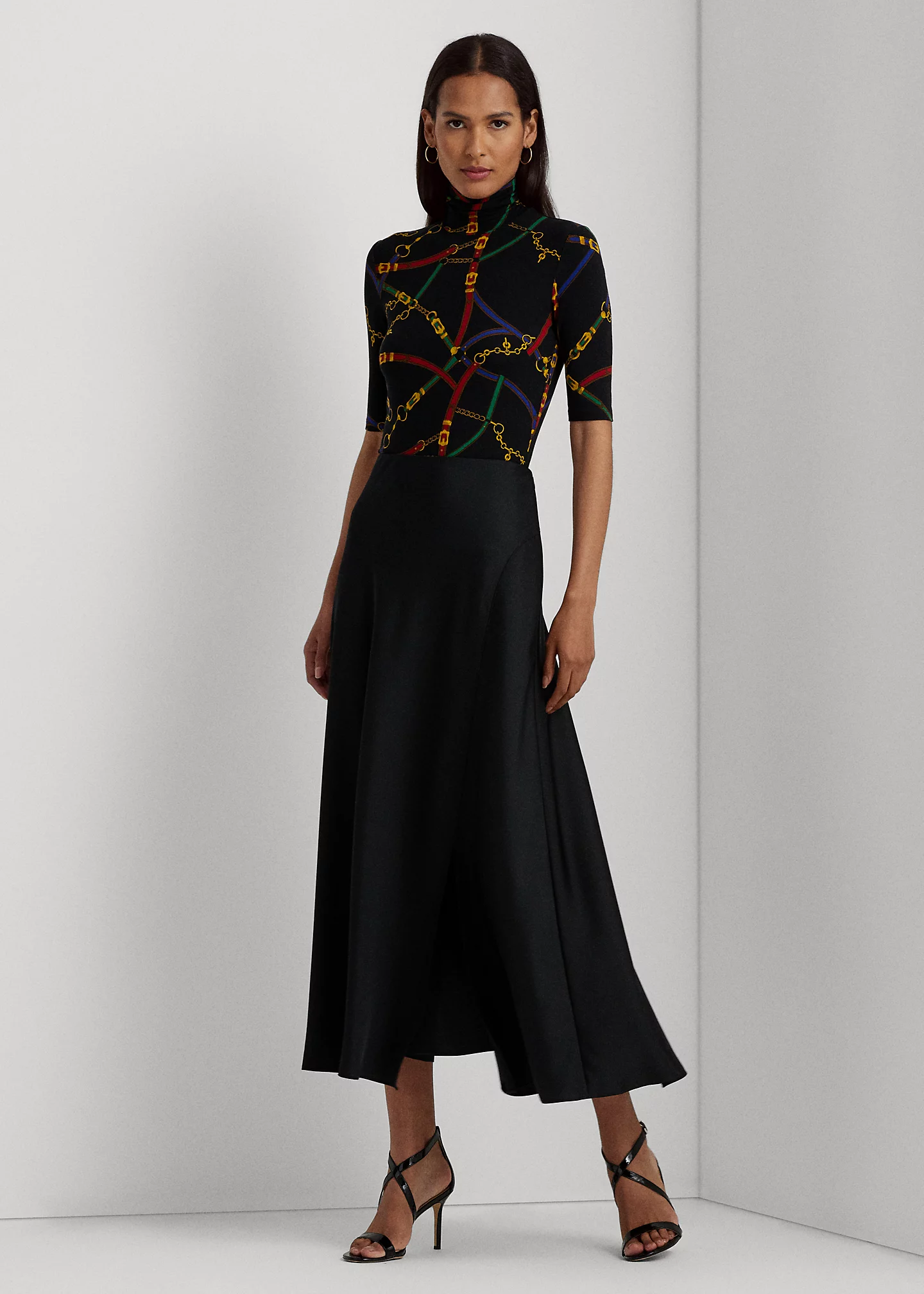 Belting-Print Stretch Jersey Turtleneck