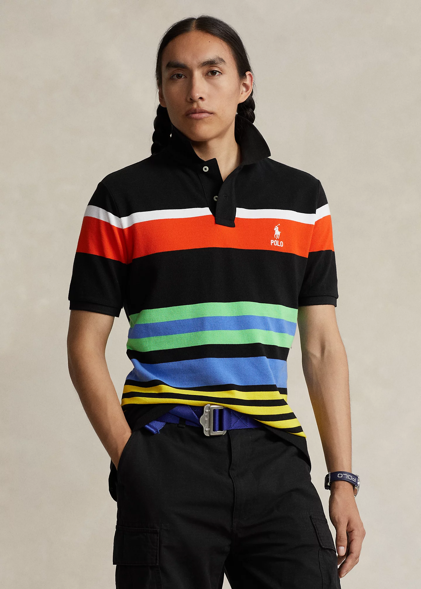 Classic Fit Striped Mesh Polo Shirt