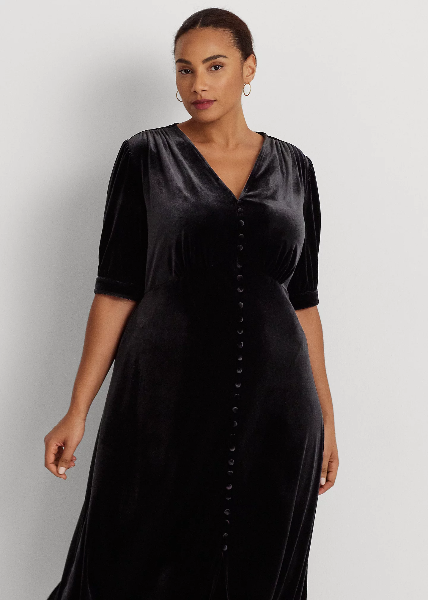Stretch Velvet Puff-Sleeve Midi Dress
