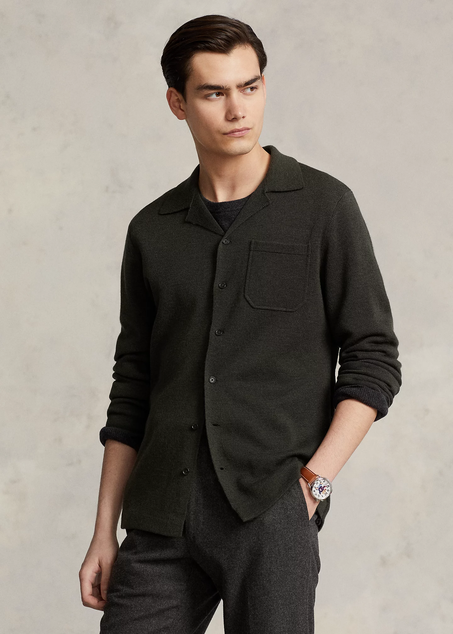 Washable Wool Camp-Collar Cardigan