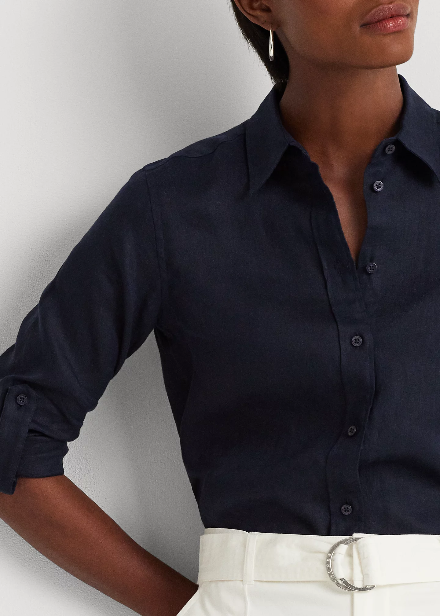 Relaxed Fit Linen Roll Tab–Sleeve Shirt