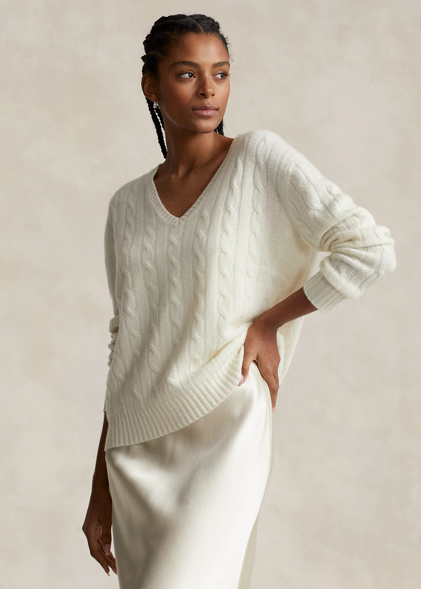 Cable-Knit Cashmere V-Neck Sweater