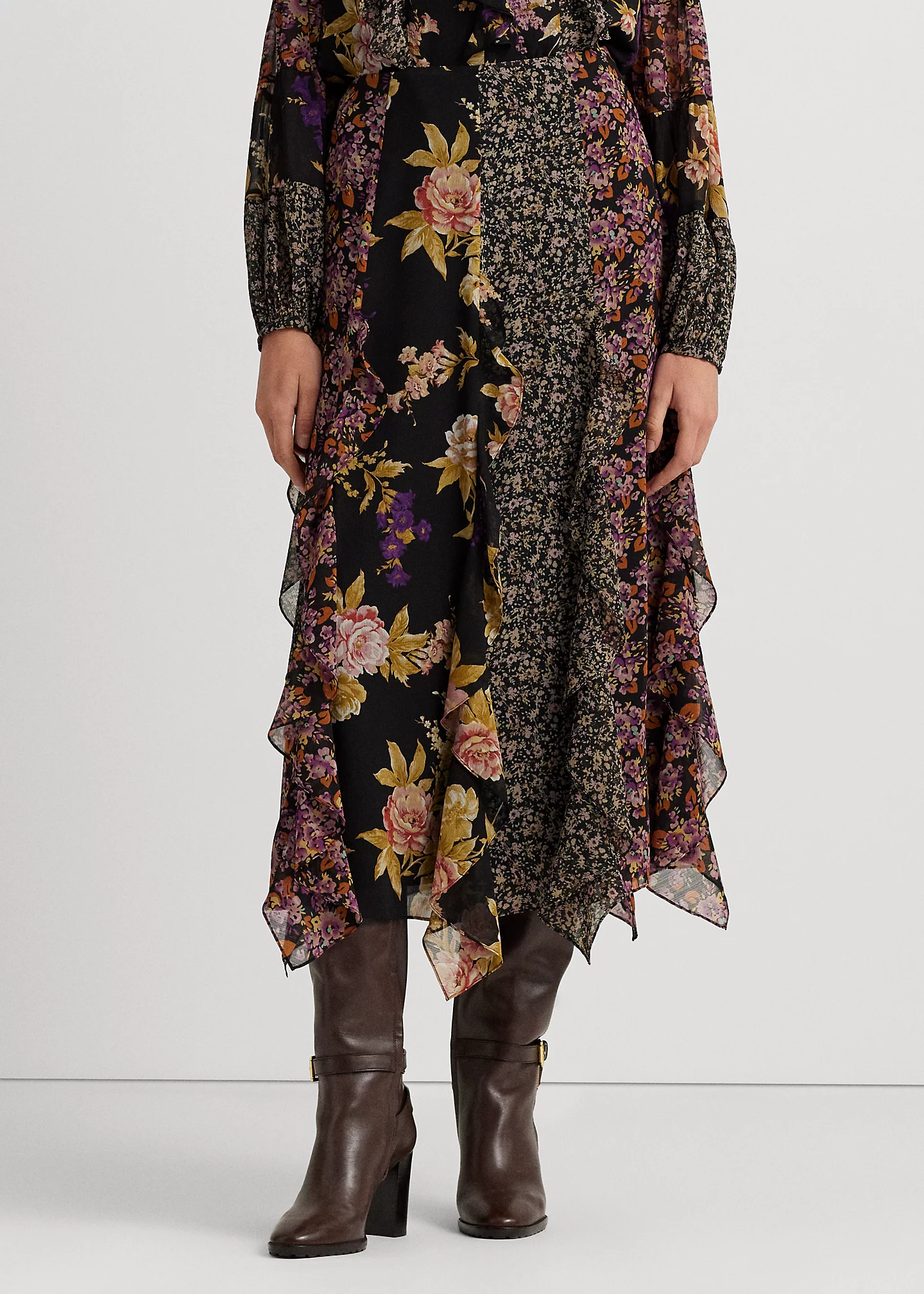 Mixed-Floral Ruffle-Trim Georgette Skirt