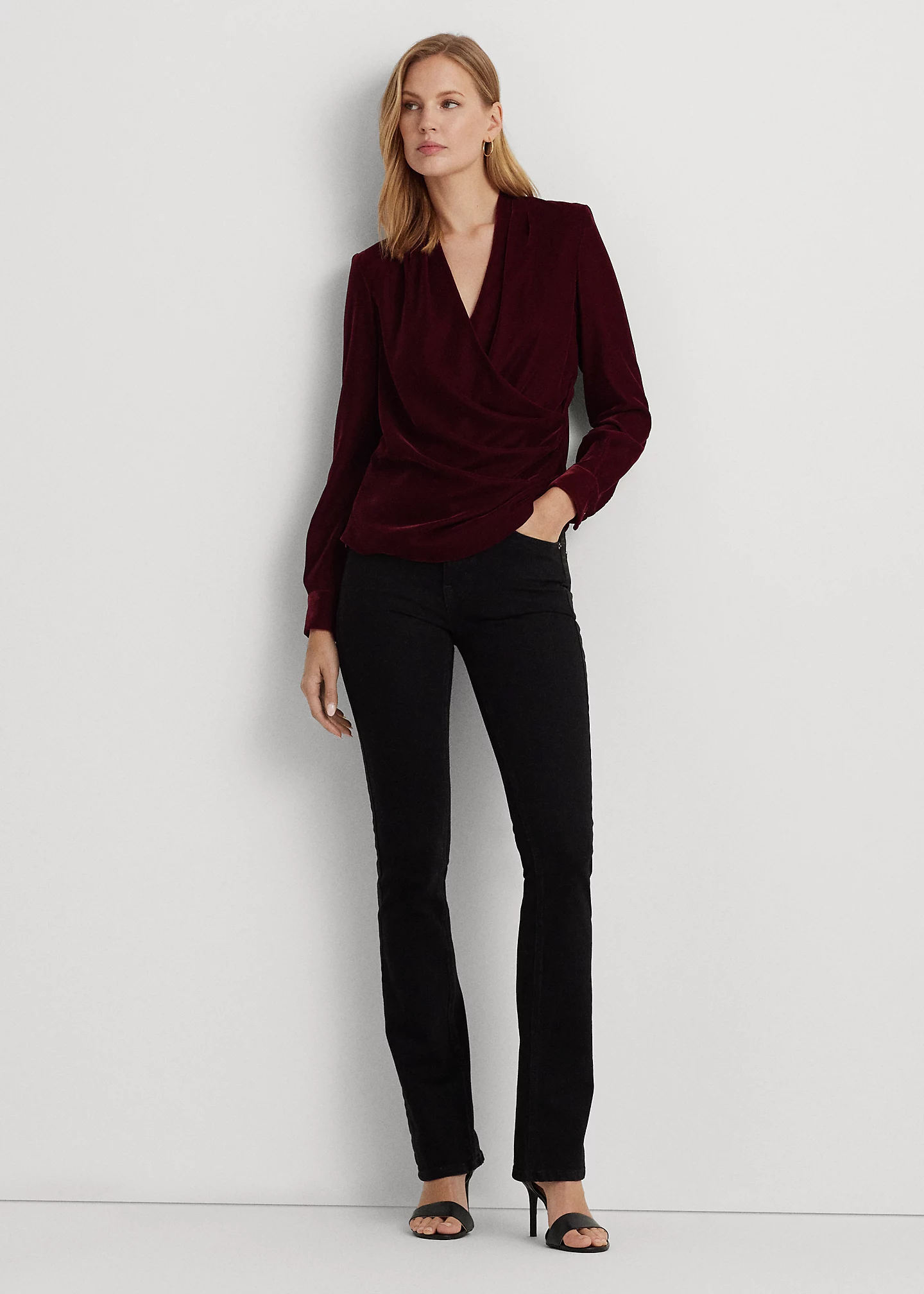 Pleated Velvet Surplice Blouse