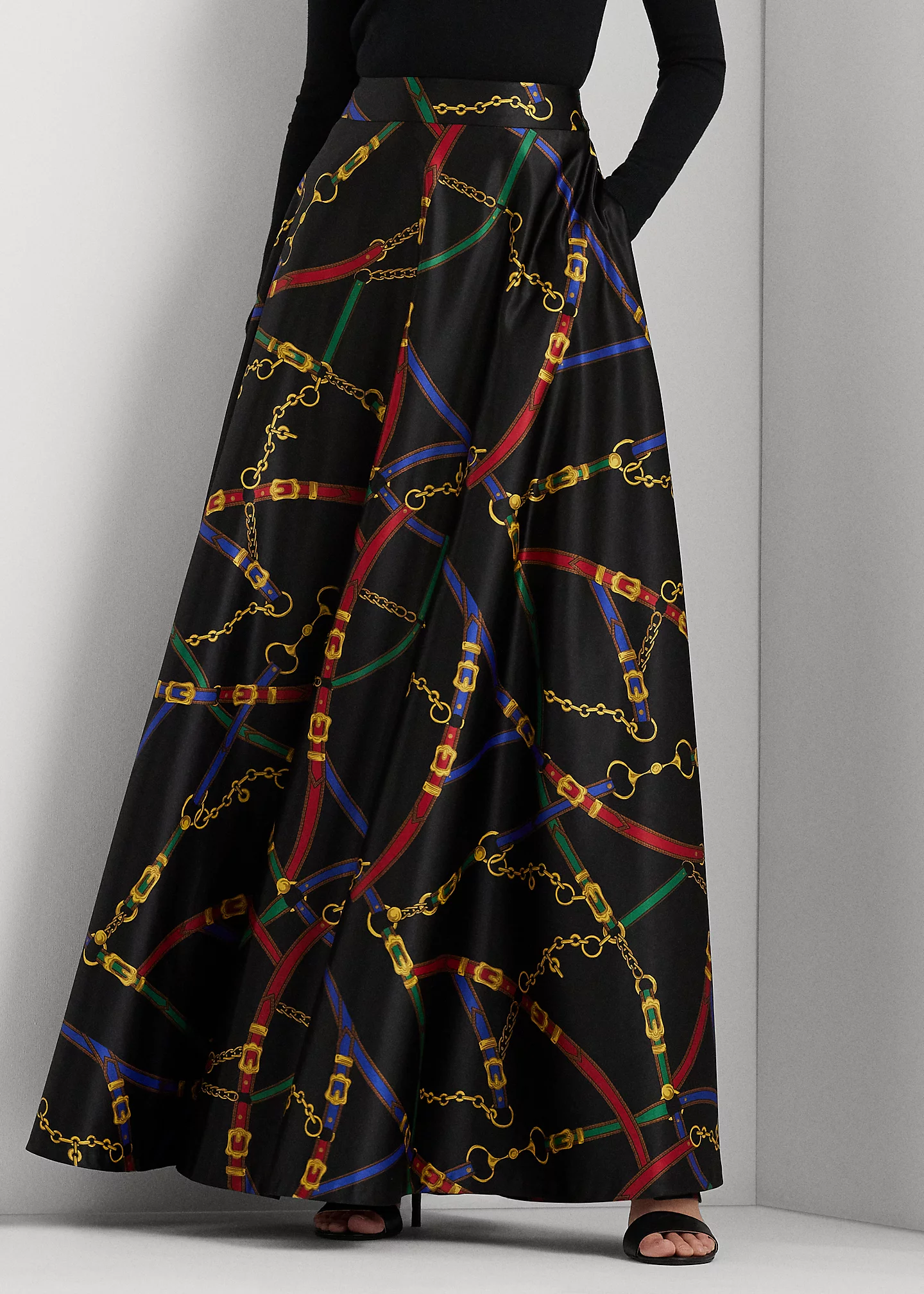 Belting-Print Satin Maxiskirt