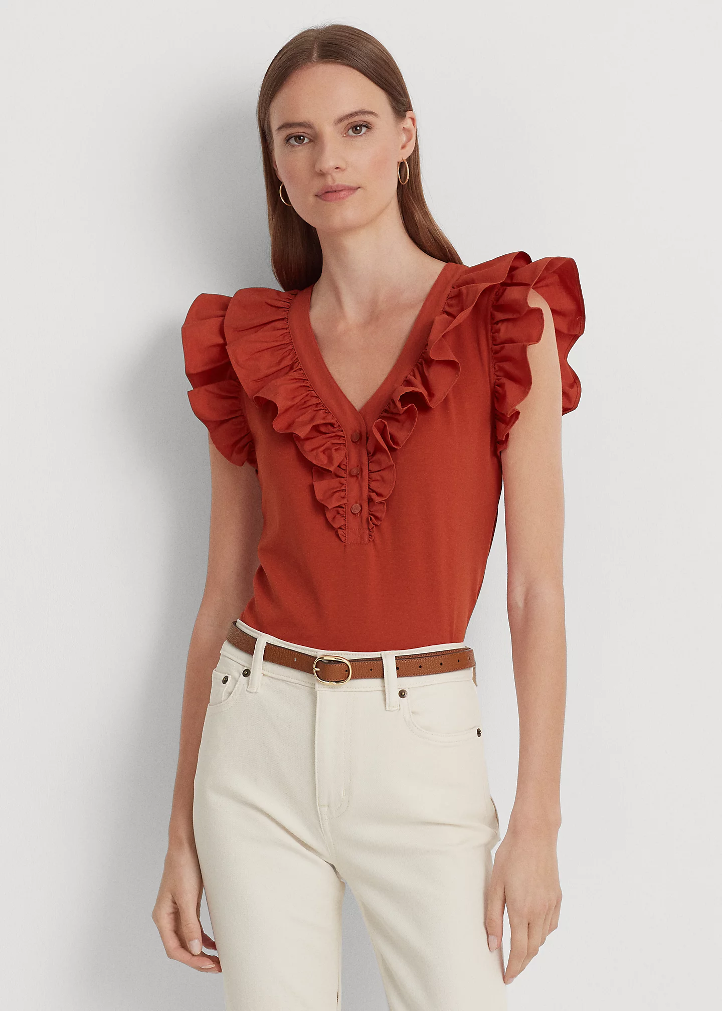 Ruffle-Trim Cotton Sleeveless Top