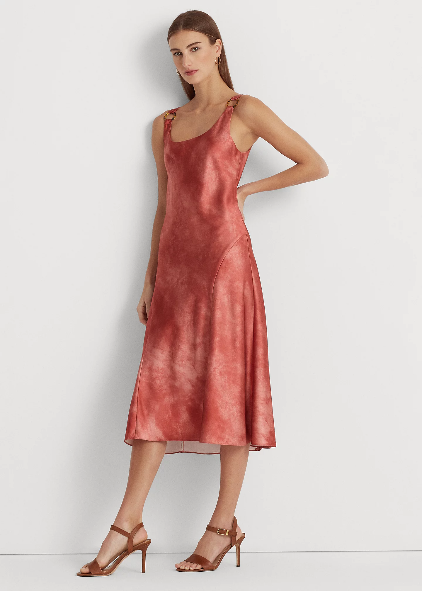 Tie-Dye-Print Ring-Trim Satin Dress