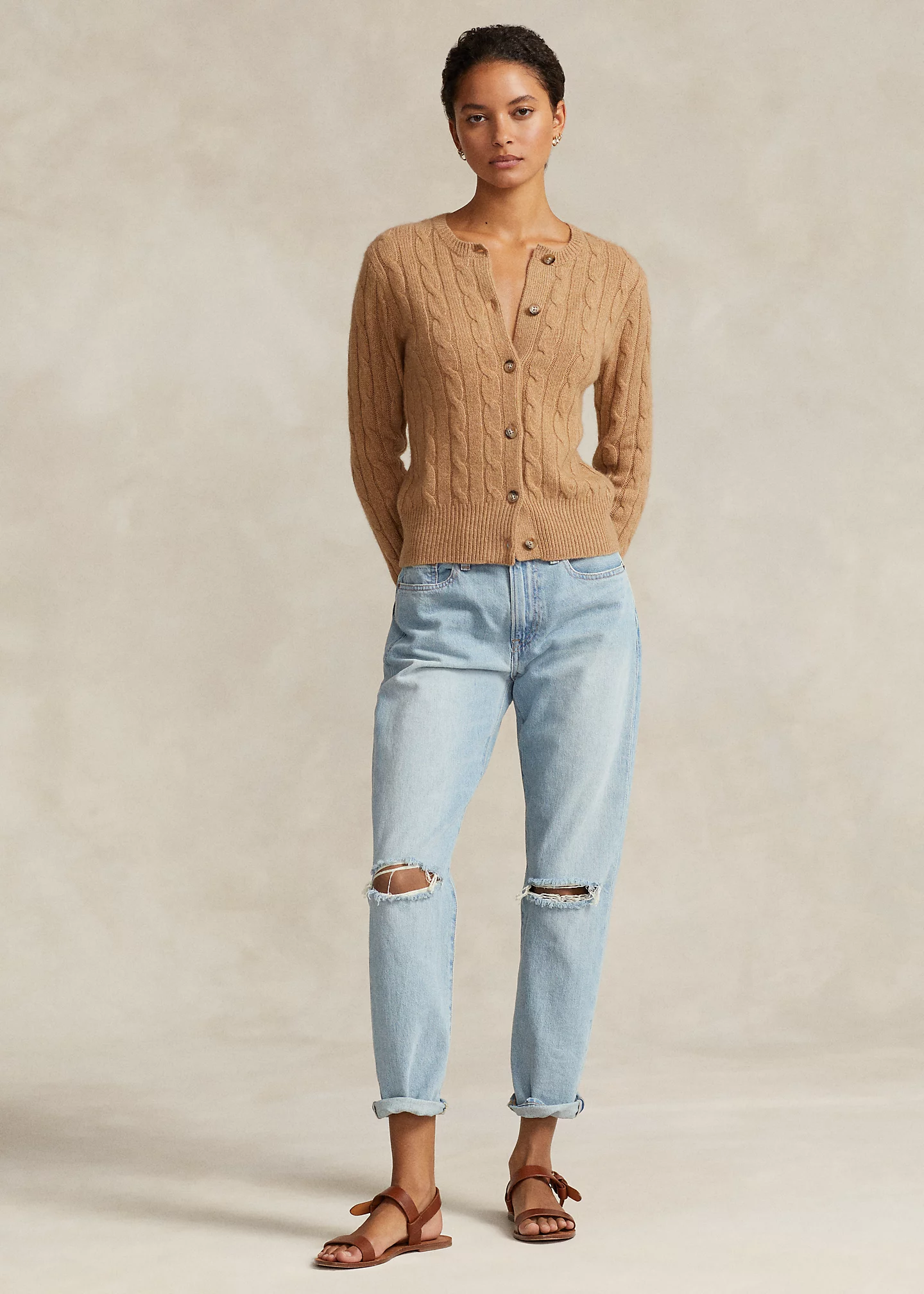 Cable-Knit Cashmere Crewneck Cardigan