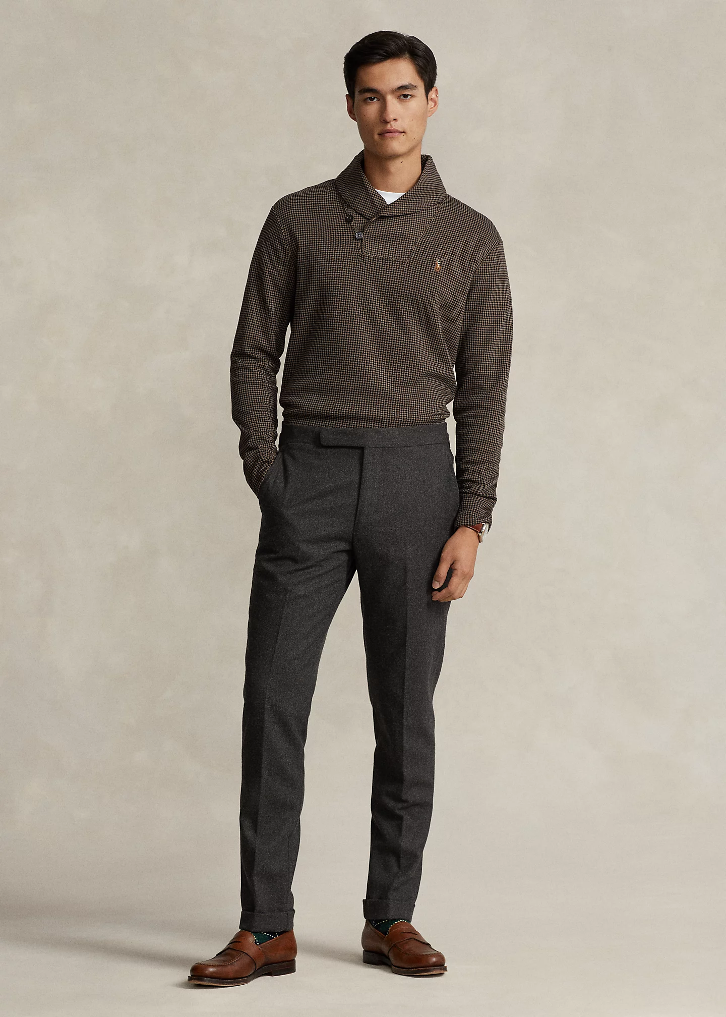 Houndstooth Estate-Rib Shawl Pullover