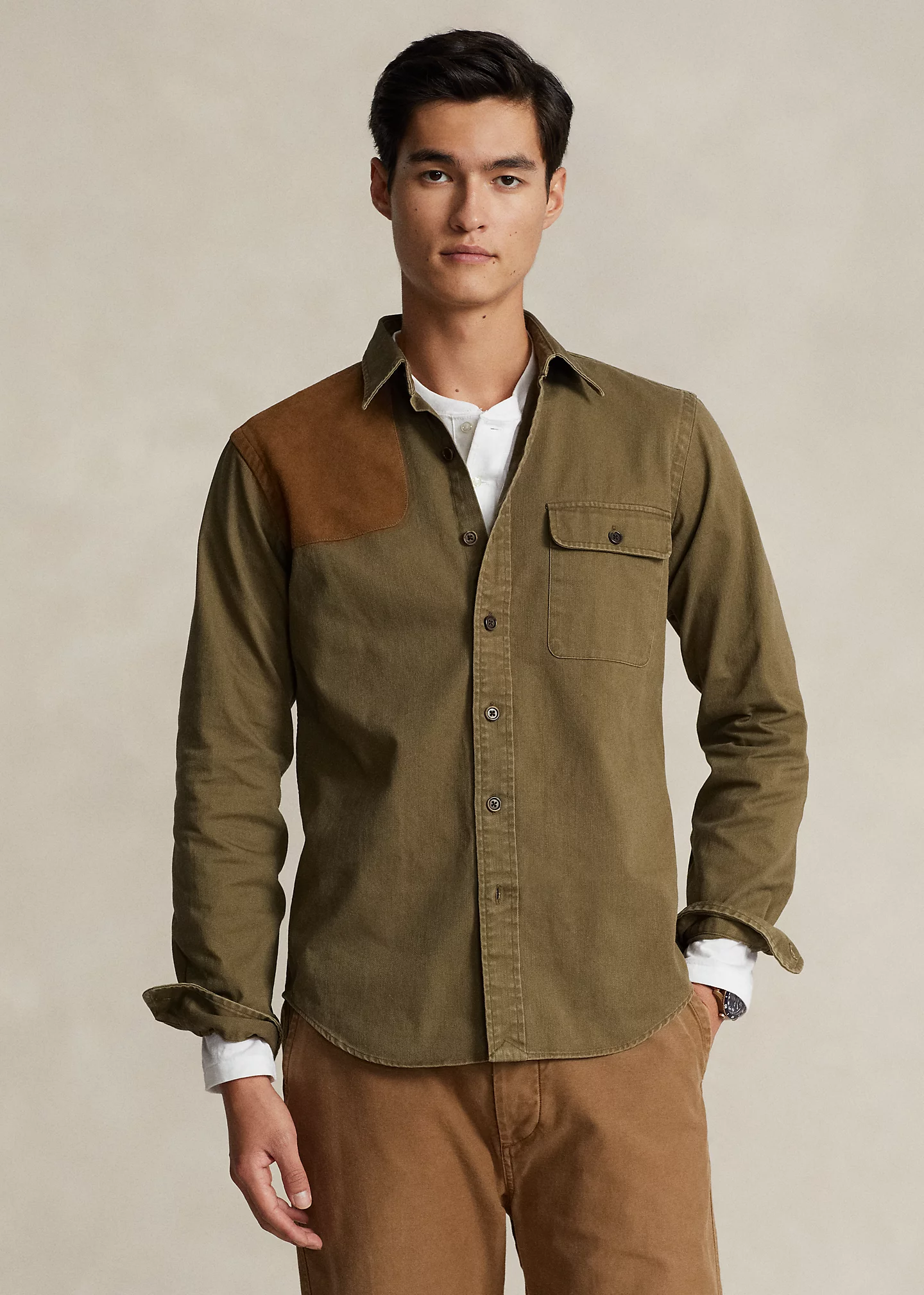 Custom Fit Suede-Patch Chino Shirt