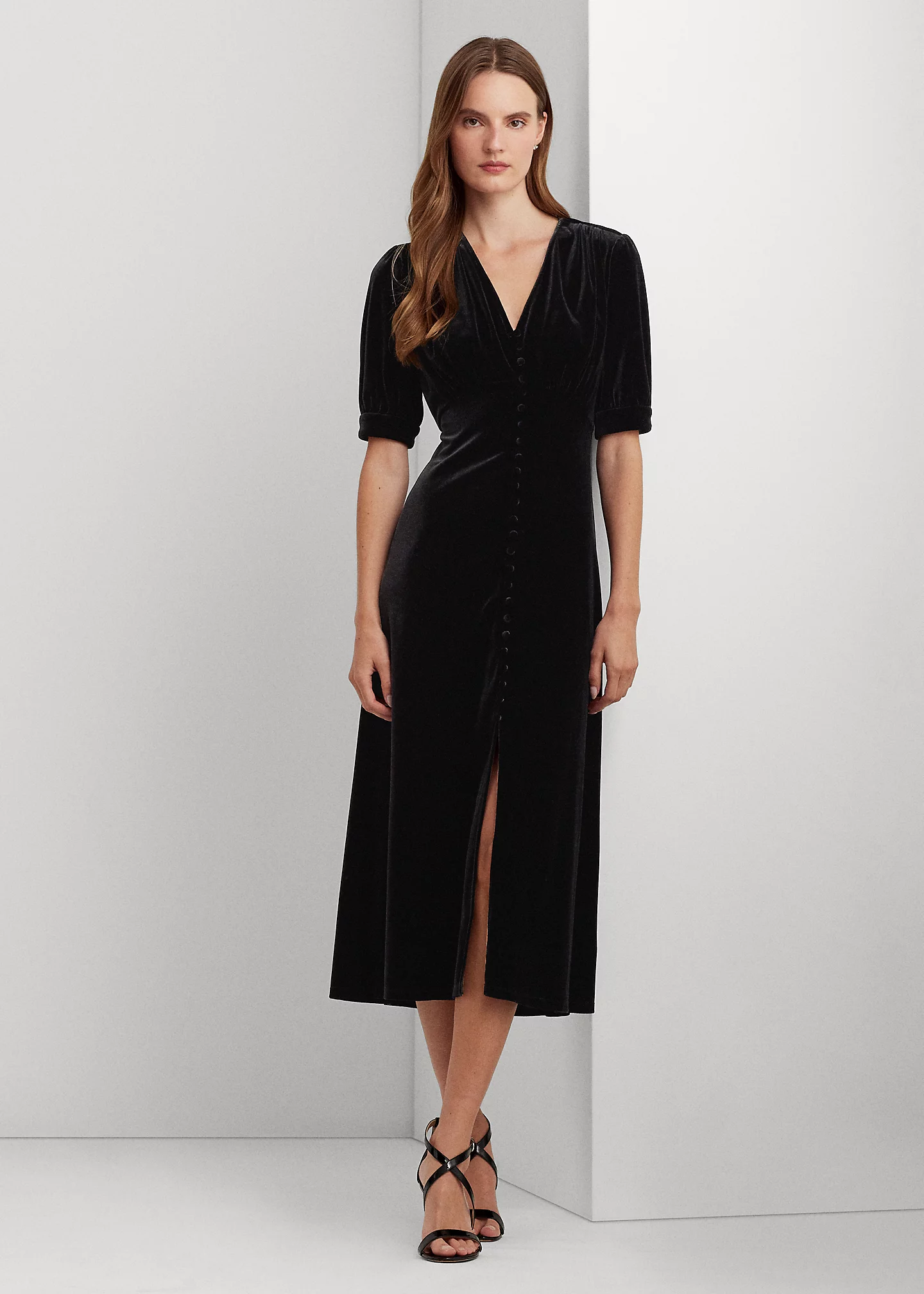 Stretch Velvet Puff-Sleeve Midi Dress