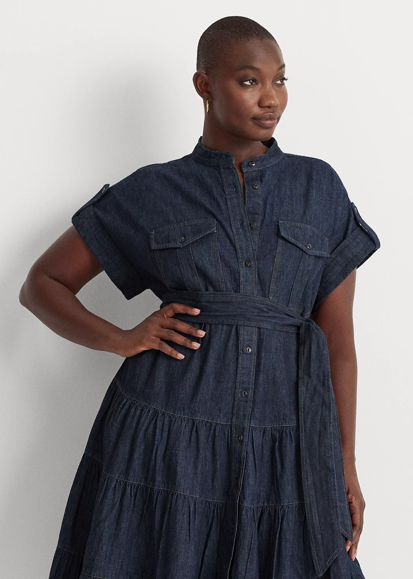 Belted Denim Tiered Shirtdress