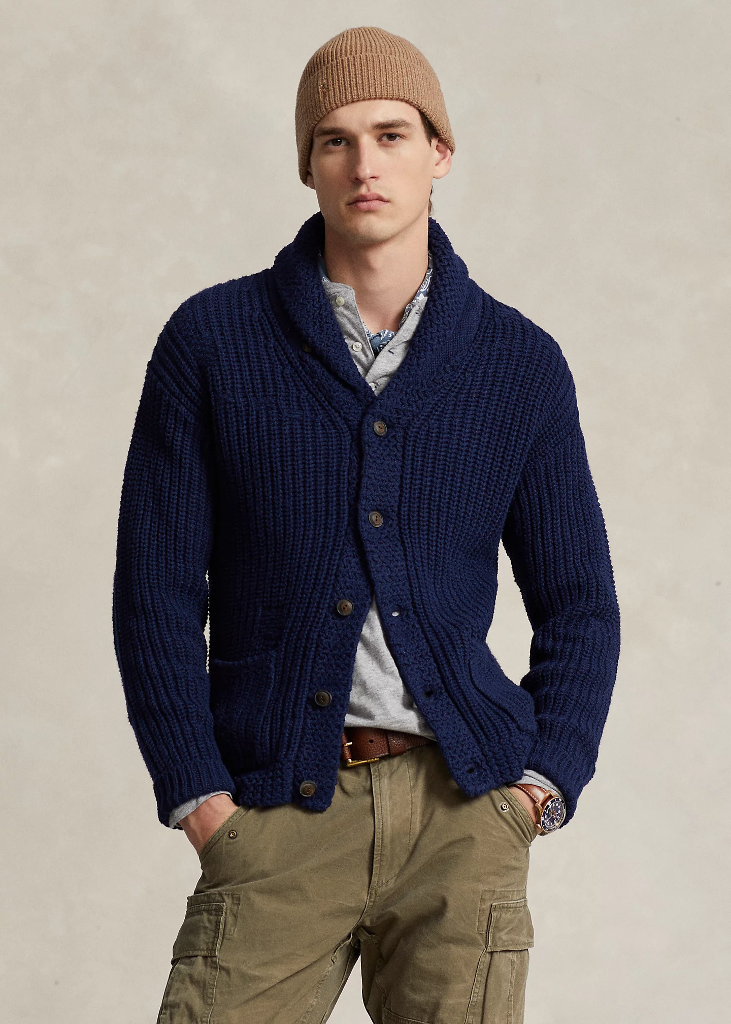 Distressed Linen-Cotton Shawl Cardigan