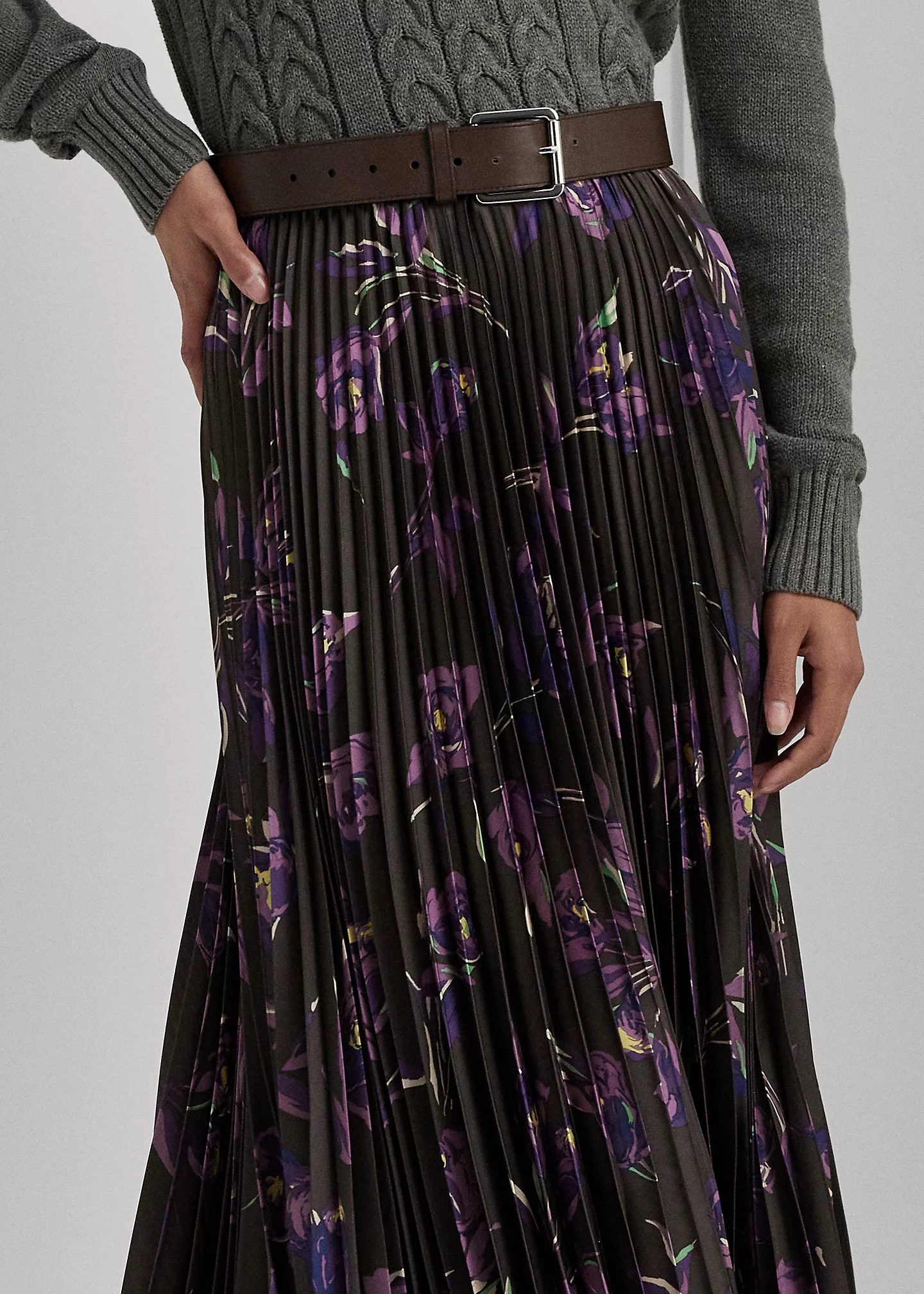 Floral Pleated Satin Charmeuse Skirt