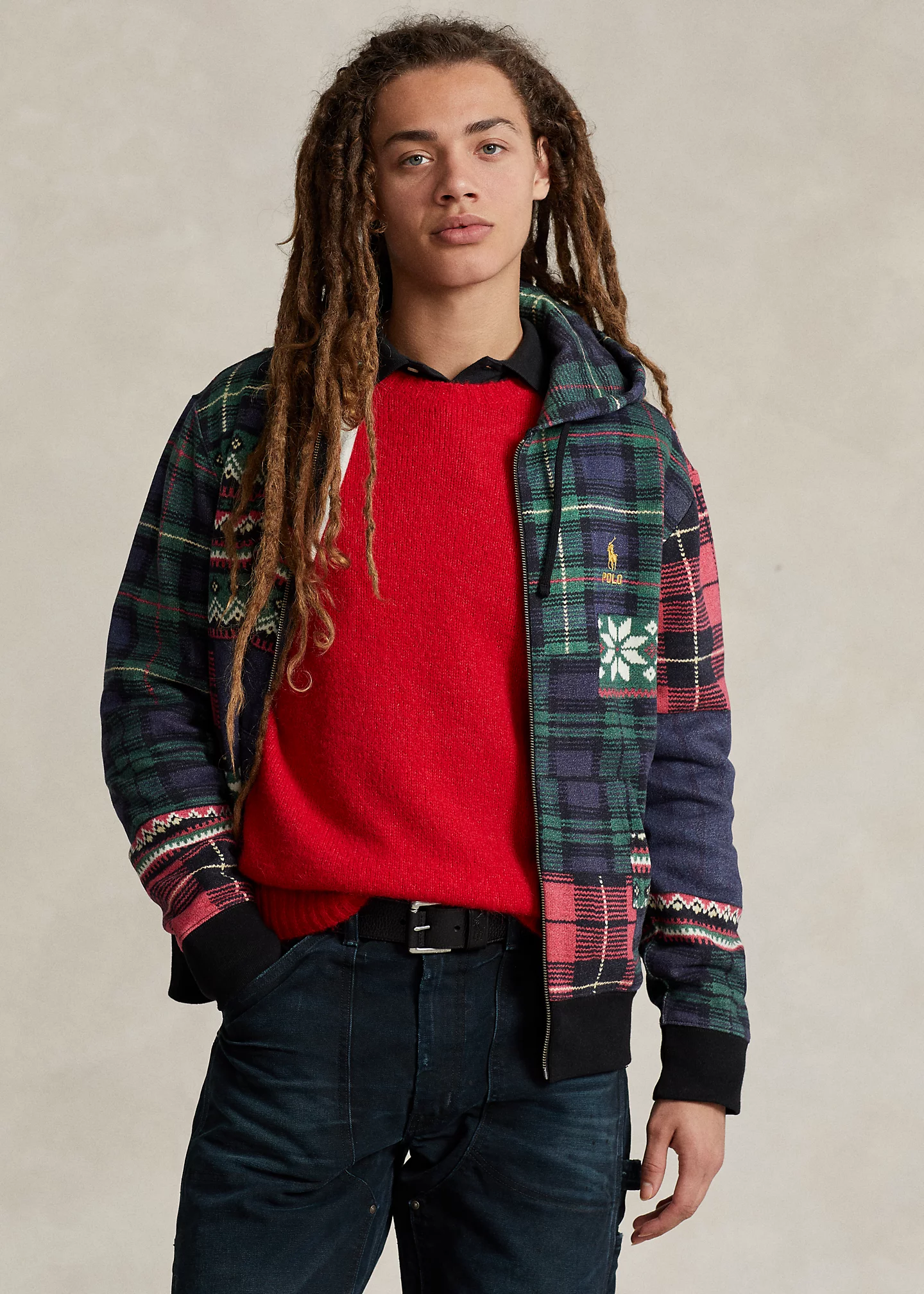 Patchwork-Print Fleece Full-Zip Hoodie