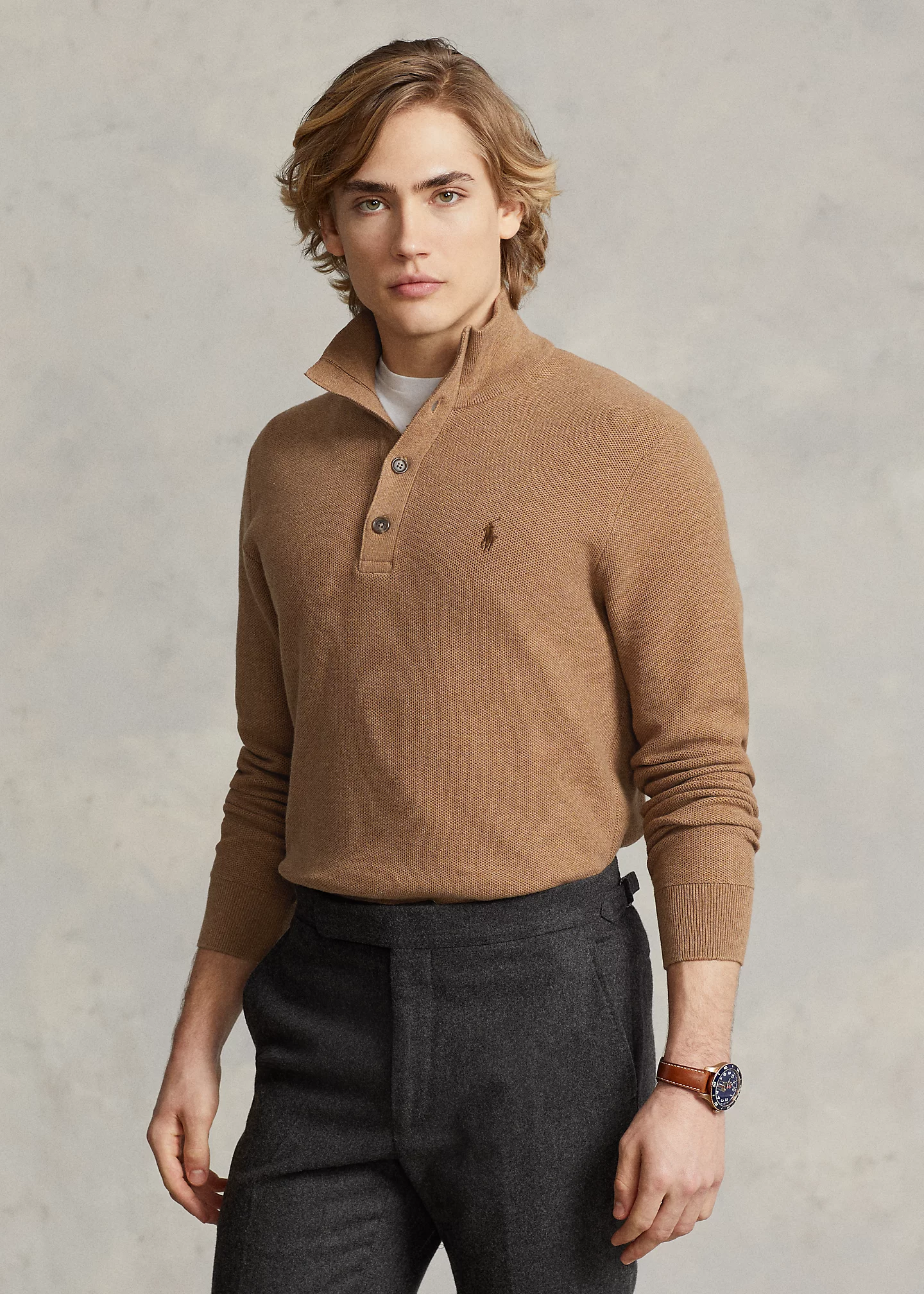 Mesh-Knit Cotton Mockneck Sweater