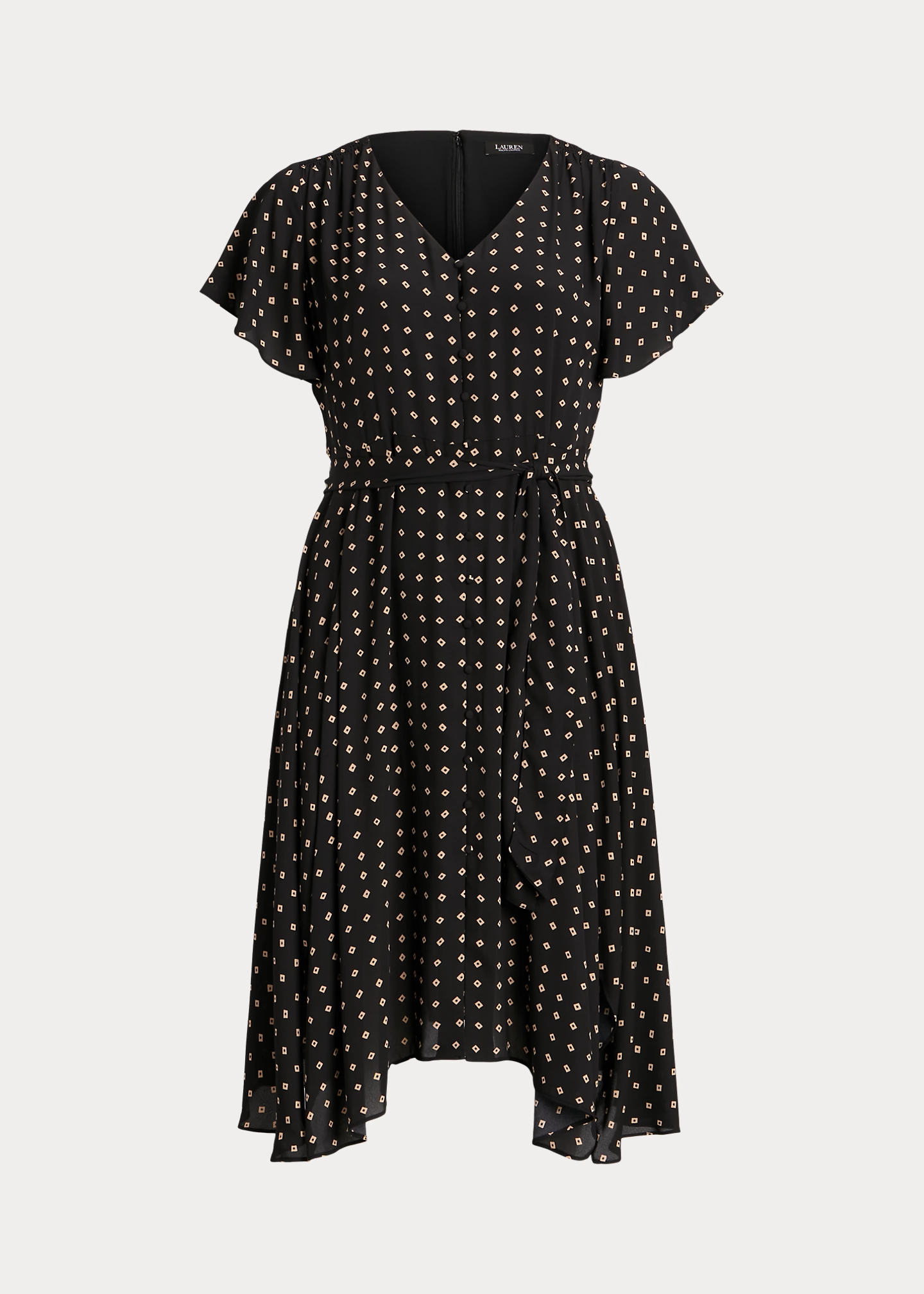 Geo-Print Crepe Flutter-Sleeve Dress