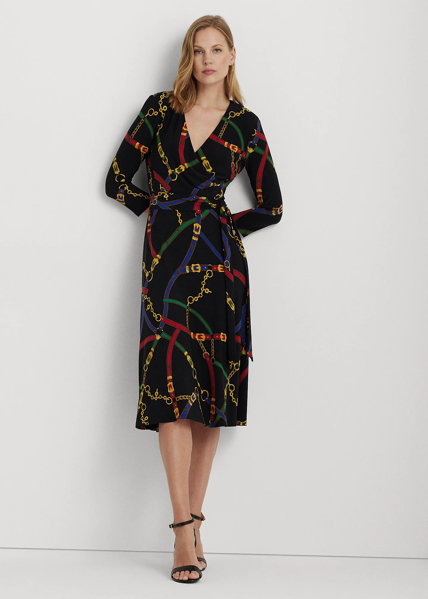 Belting-Print Surplice Jersey Dress