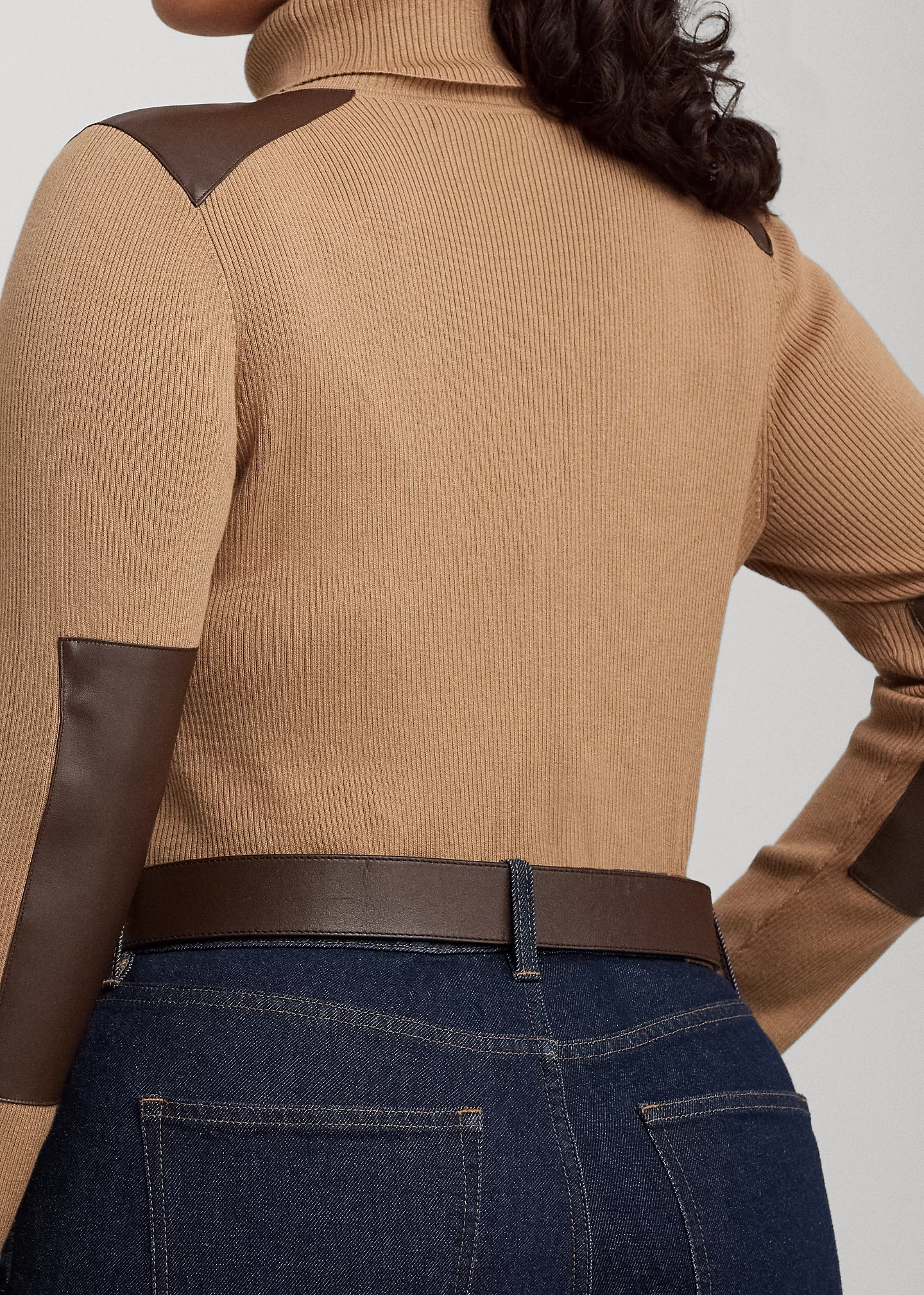 Faux-Leather-Trim Ribbed Turtleneck