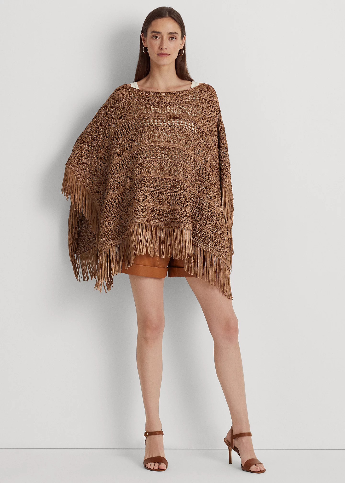 Fringe-Trim Pointelle-Knit Poncho