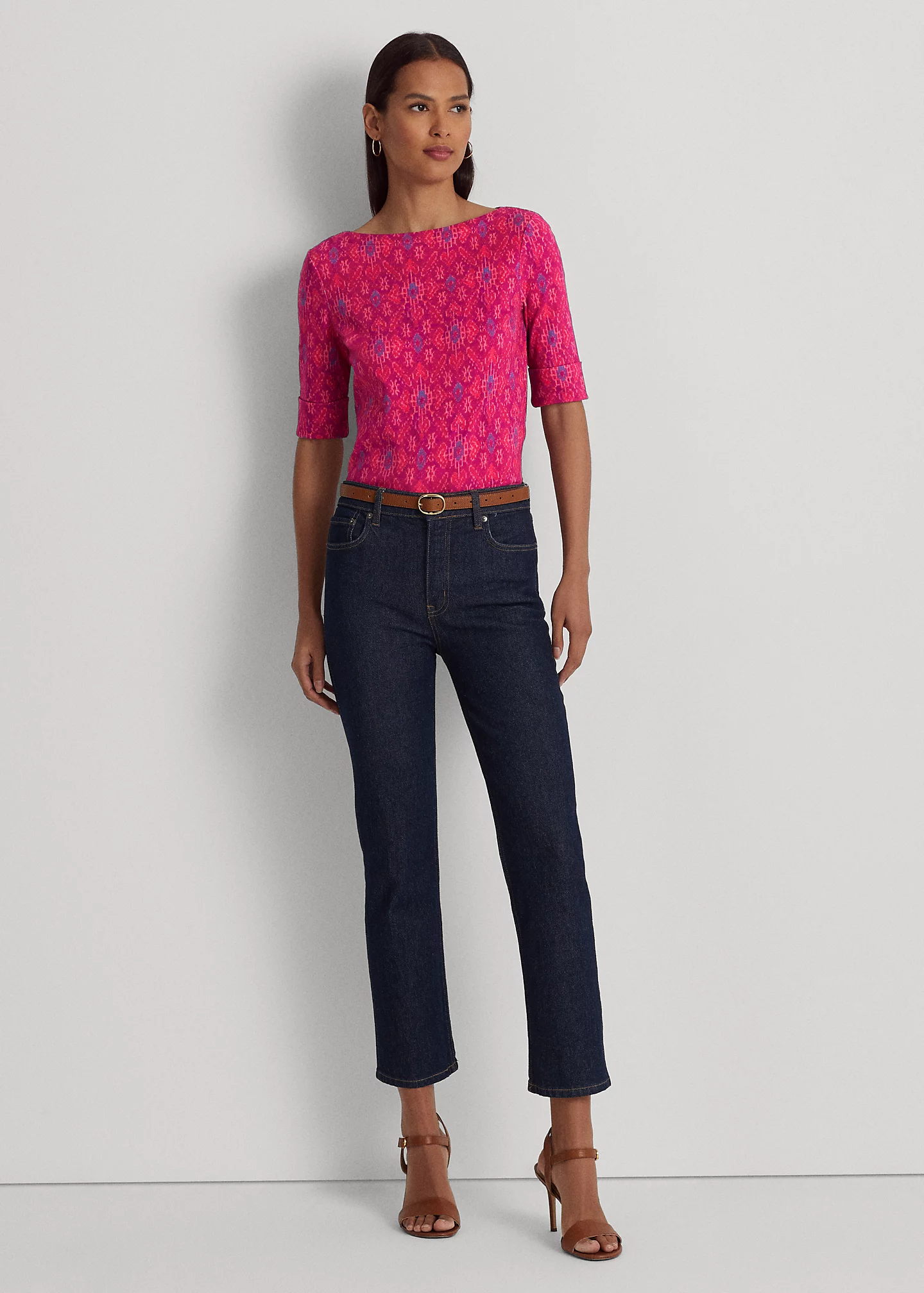 Geo-Print Stretch Cotton Boatneck Top