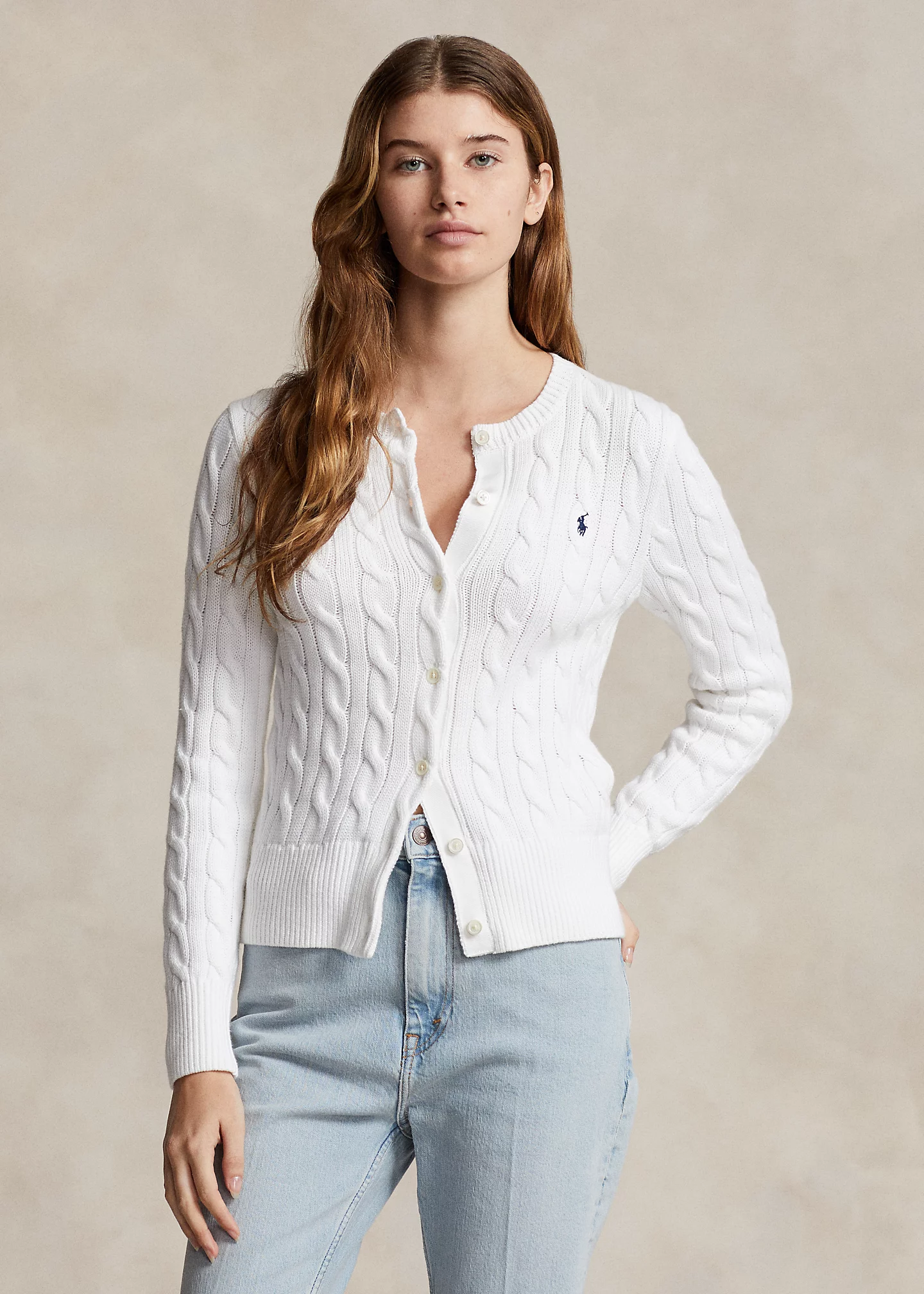 Cable-Knit Cotton Crewneck Cardigan