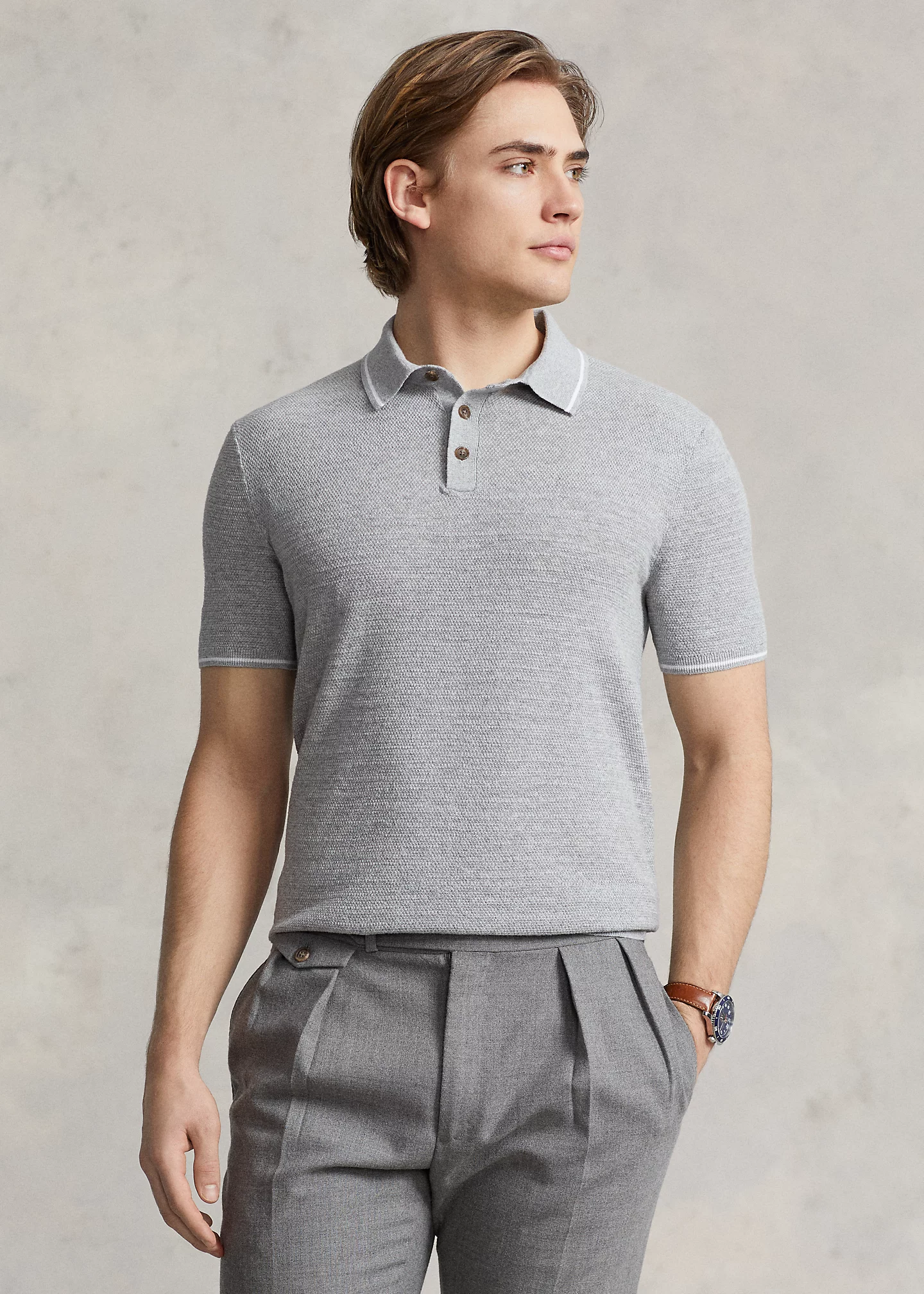Cotton-Linen Polo-Collar Sweater