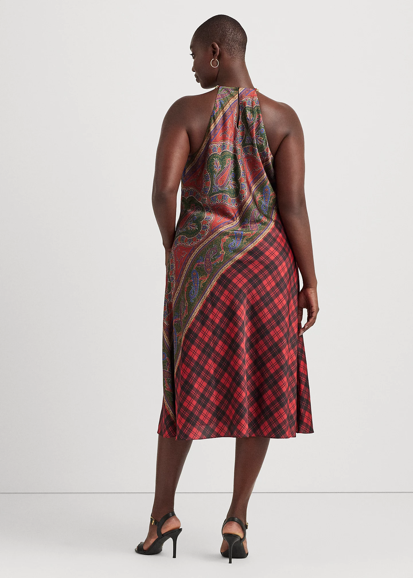 Plaid-Paisley Charmeuse Halter Dress