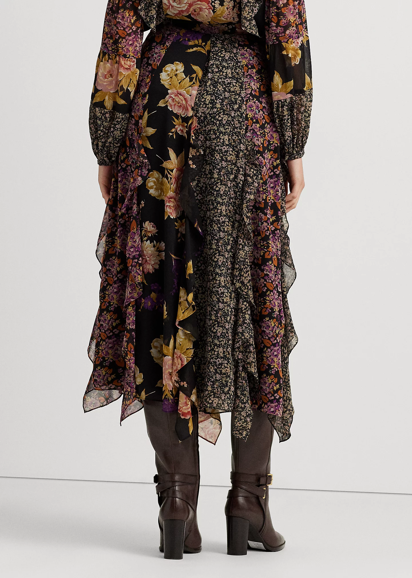 Mixed-Floral Ruffle-Trim Georgette Skirt